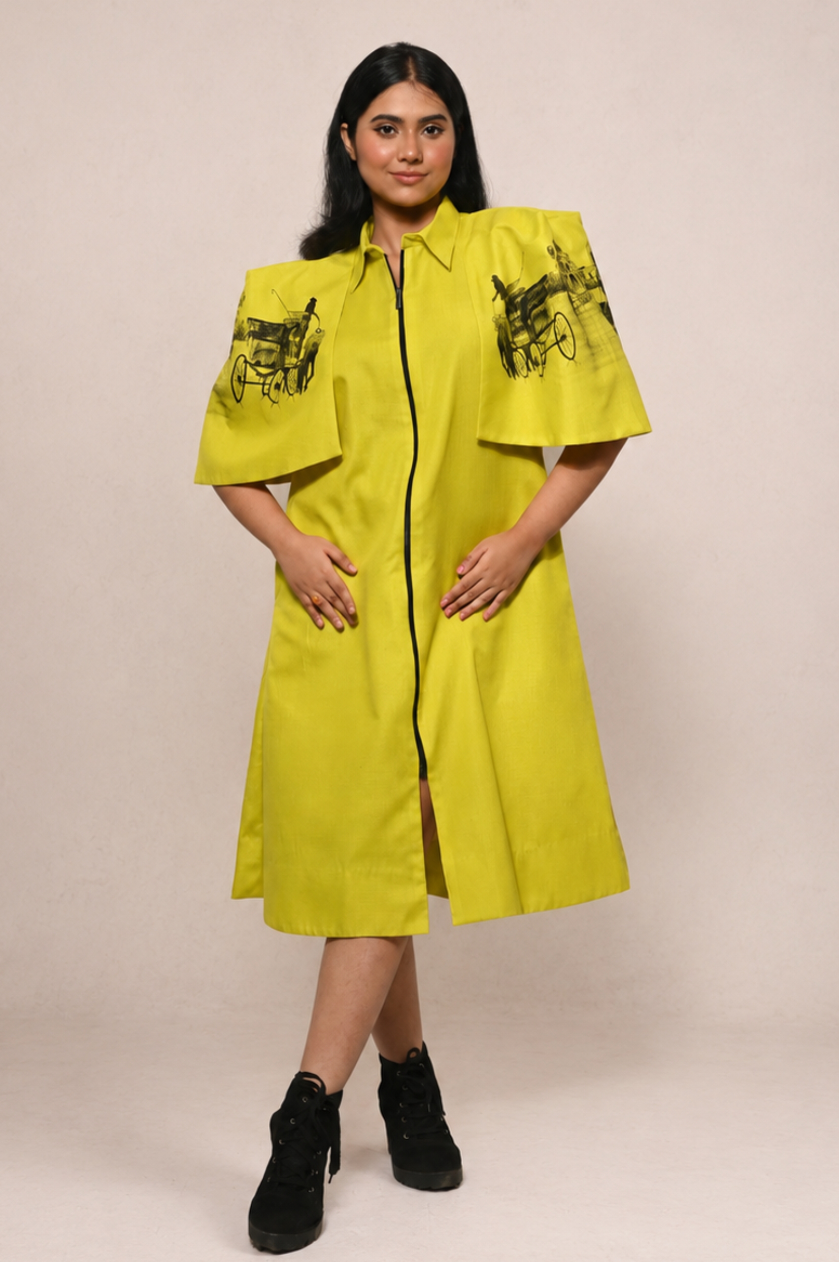 Slime Yellow Cotton Cape Dress with Hand-Painted Artwork