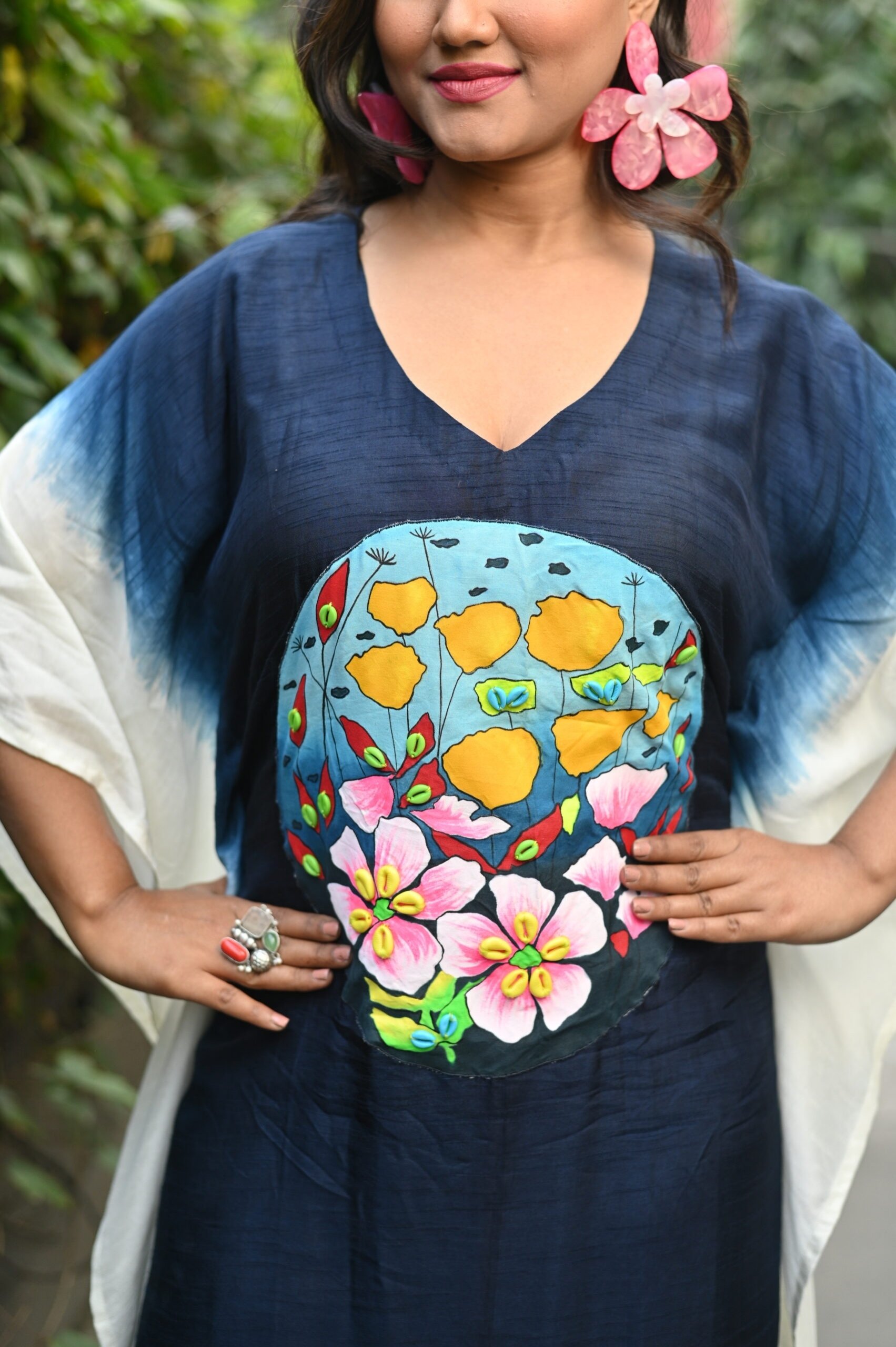 Navy Blue Ombre Bemberg Silk Kaftan (Hand-Painted & Beaded Patchwork) thumbnail