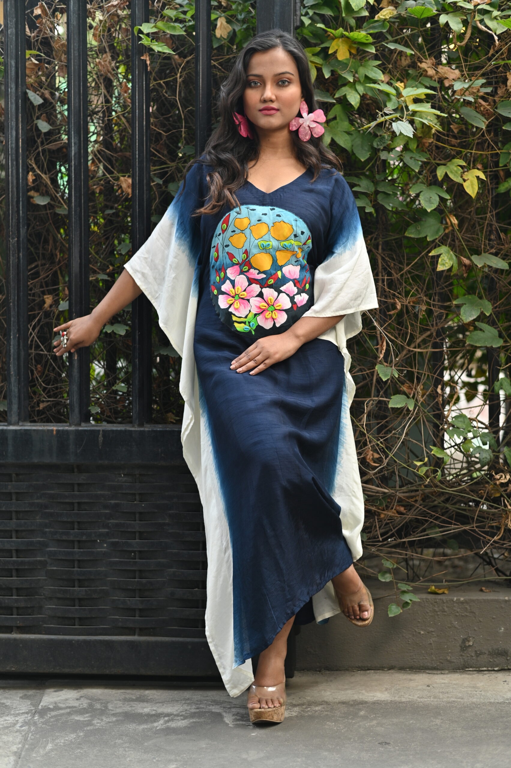Navy Blue Ombre Bemberg Silk Kaftan (Hand-Painted & Beaded Patchwork)