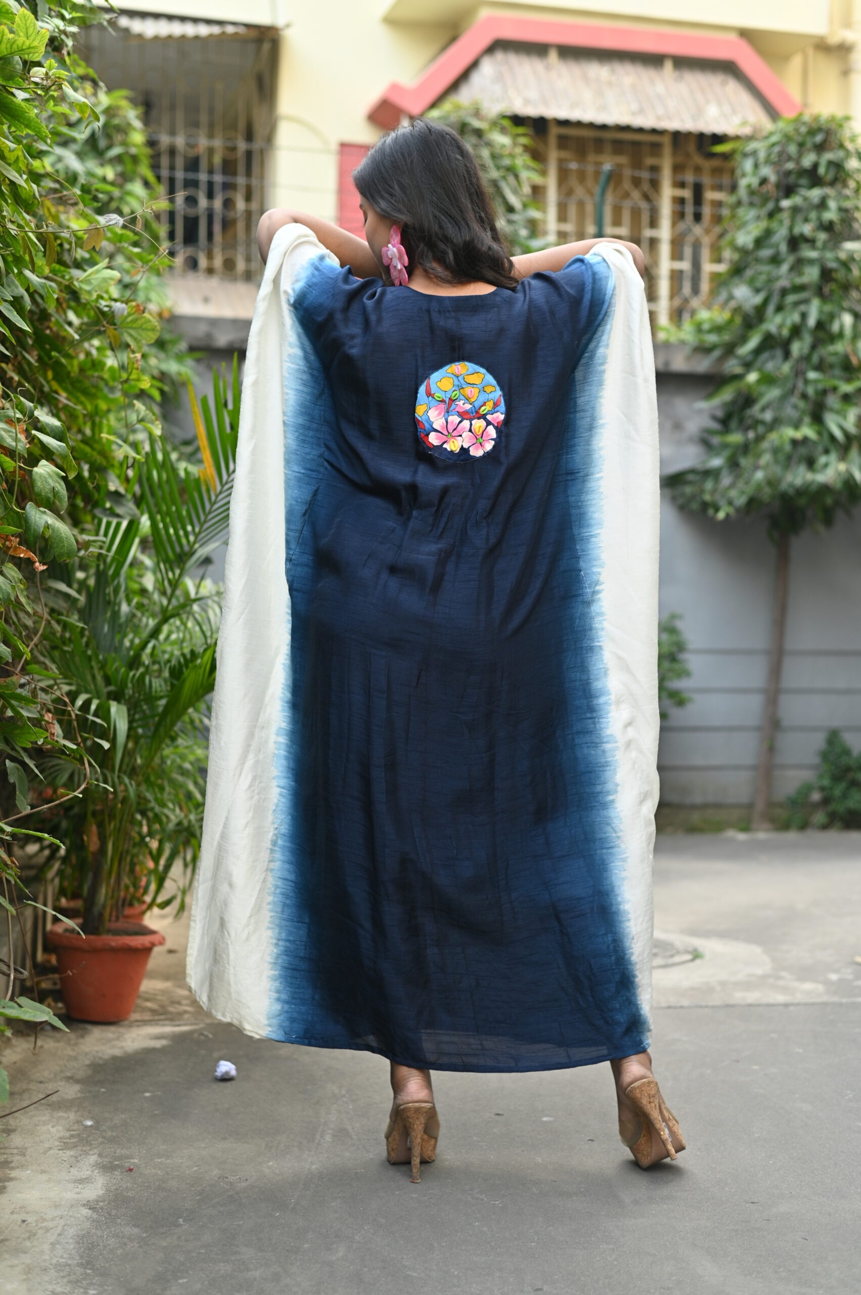 Navy Blue Ombre Bemberg Silk Kaftan (Hand-Painted & Beaded Patchwork) thumbnail