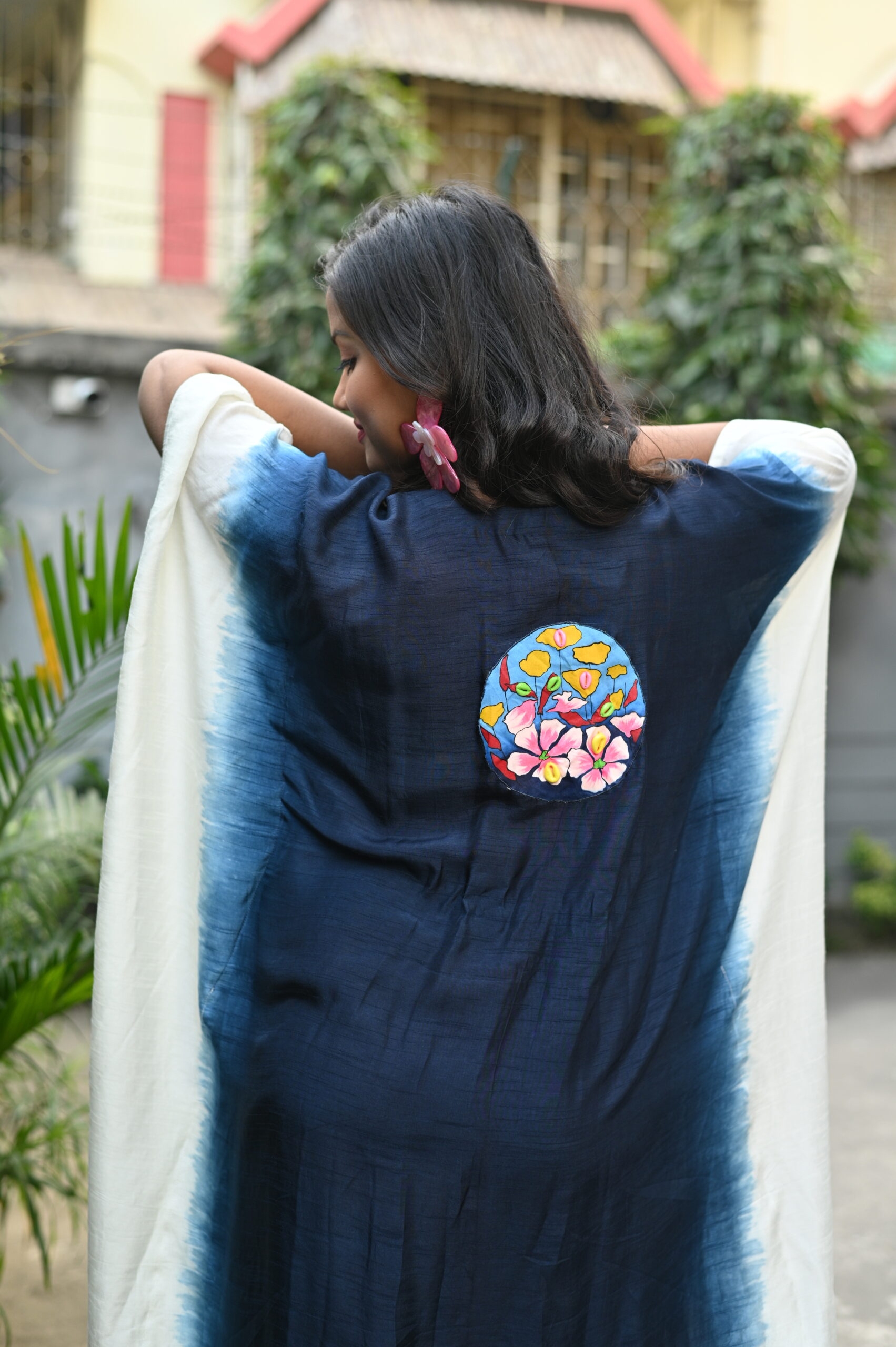 Navy Blue Ombre Bemberg Silk Kaftan (Hand-Painted & Beaded Patchwork) thumbnail