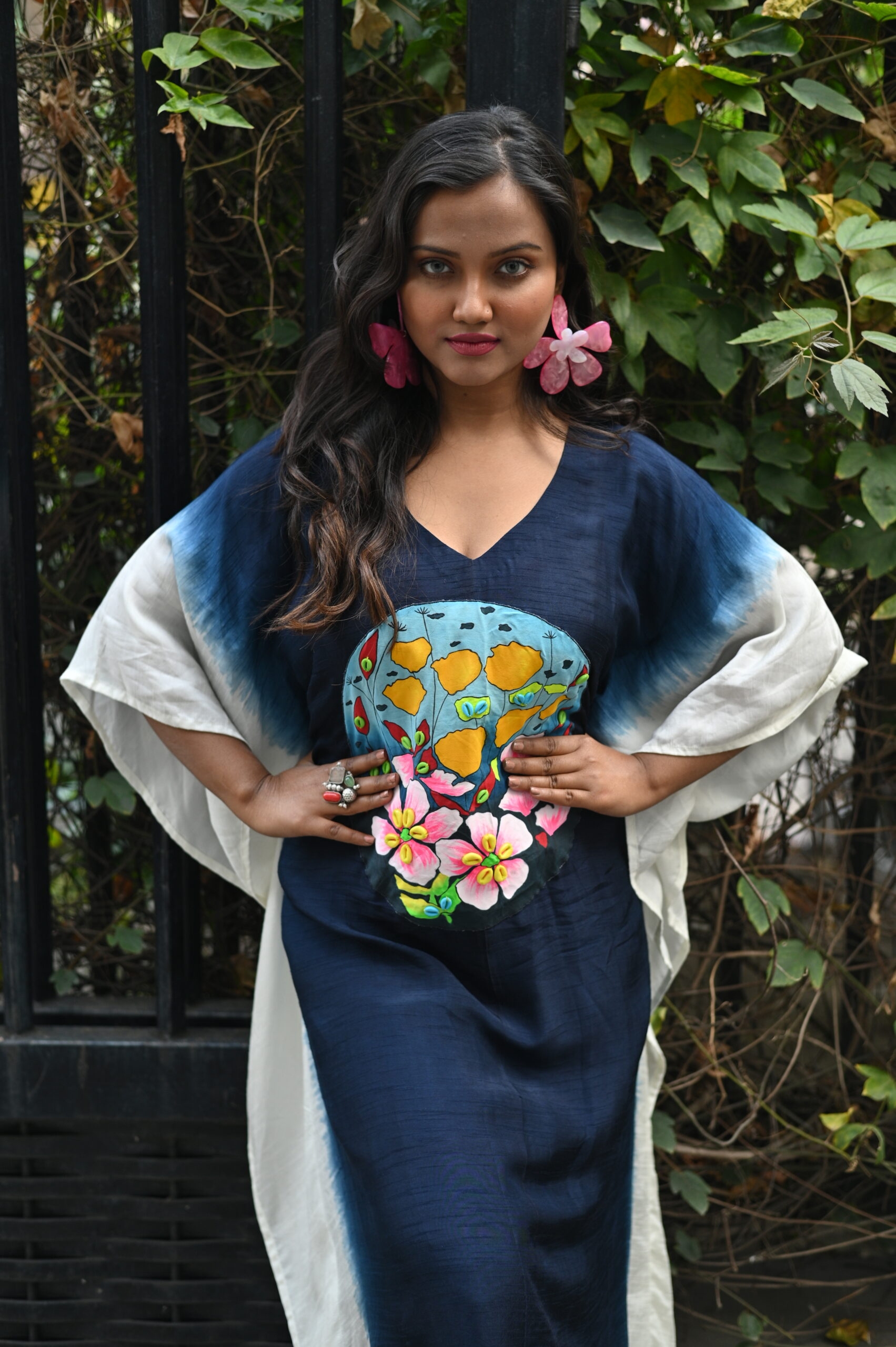 Navy Blue Ombre Bemberg Silk Kaftan (Hand-Painted & Beaded Patchwork) thumbnail