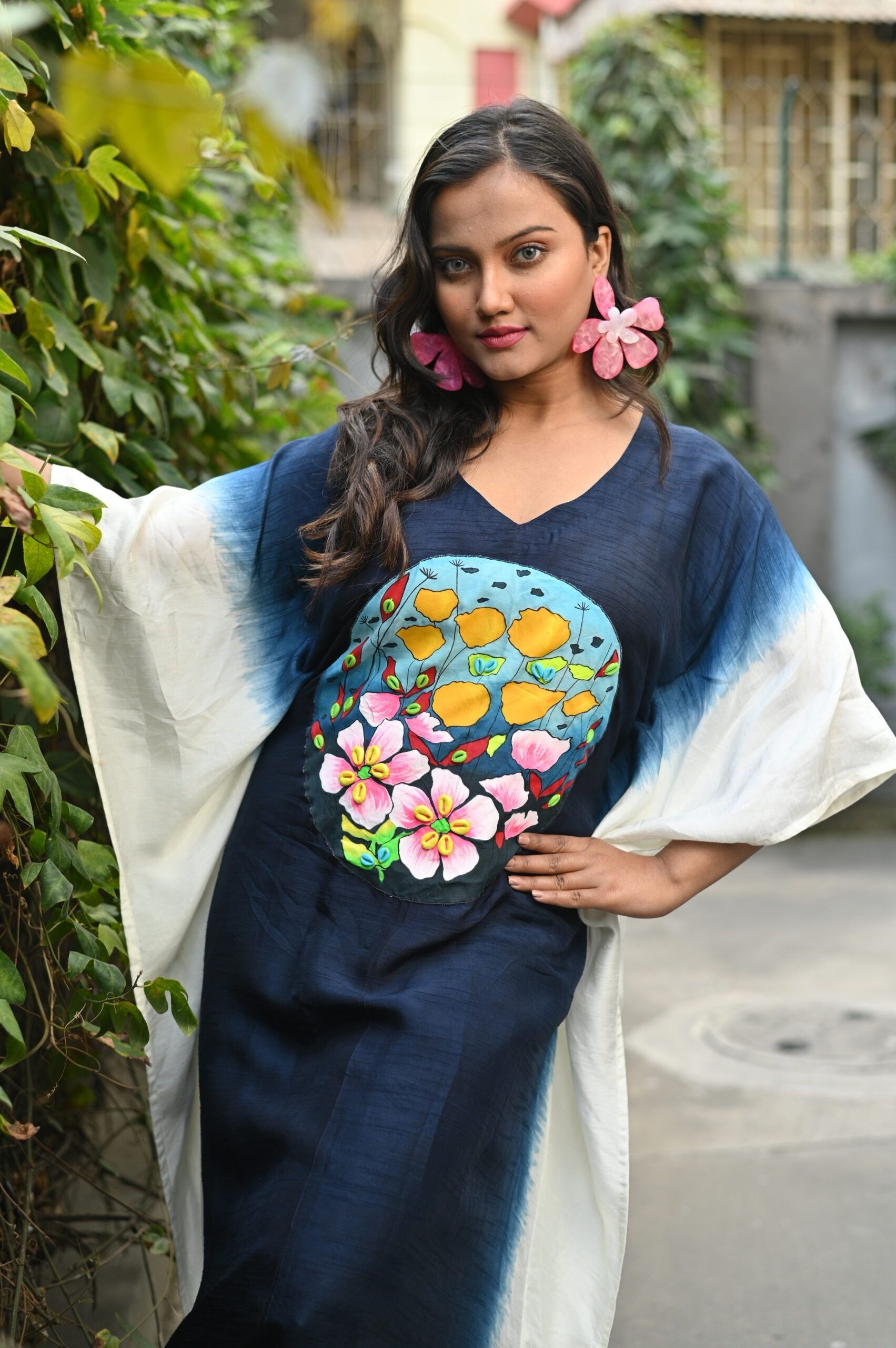 Navy Blue Ombre Bemberg Silk Kaftan (Hand-Painted & Beaded Patchwork) alternate view