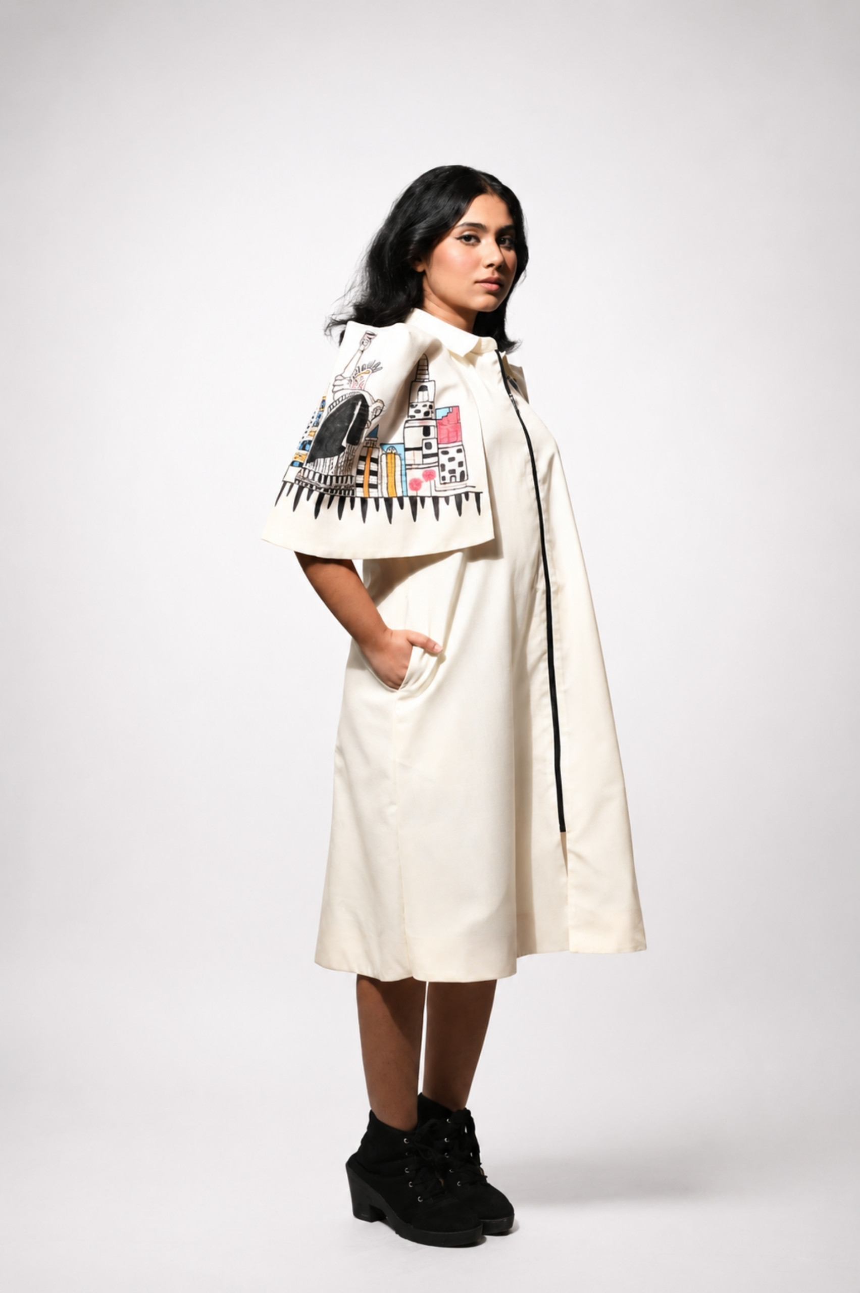 Off-White Cape Dress (Hand-Painted Art & Hand Embroidery) thumbnail