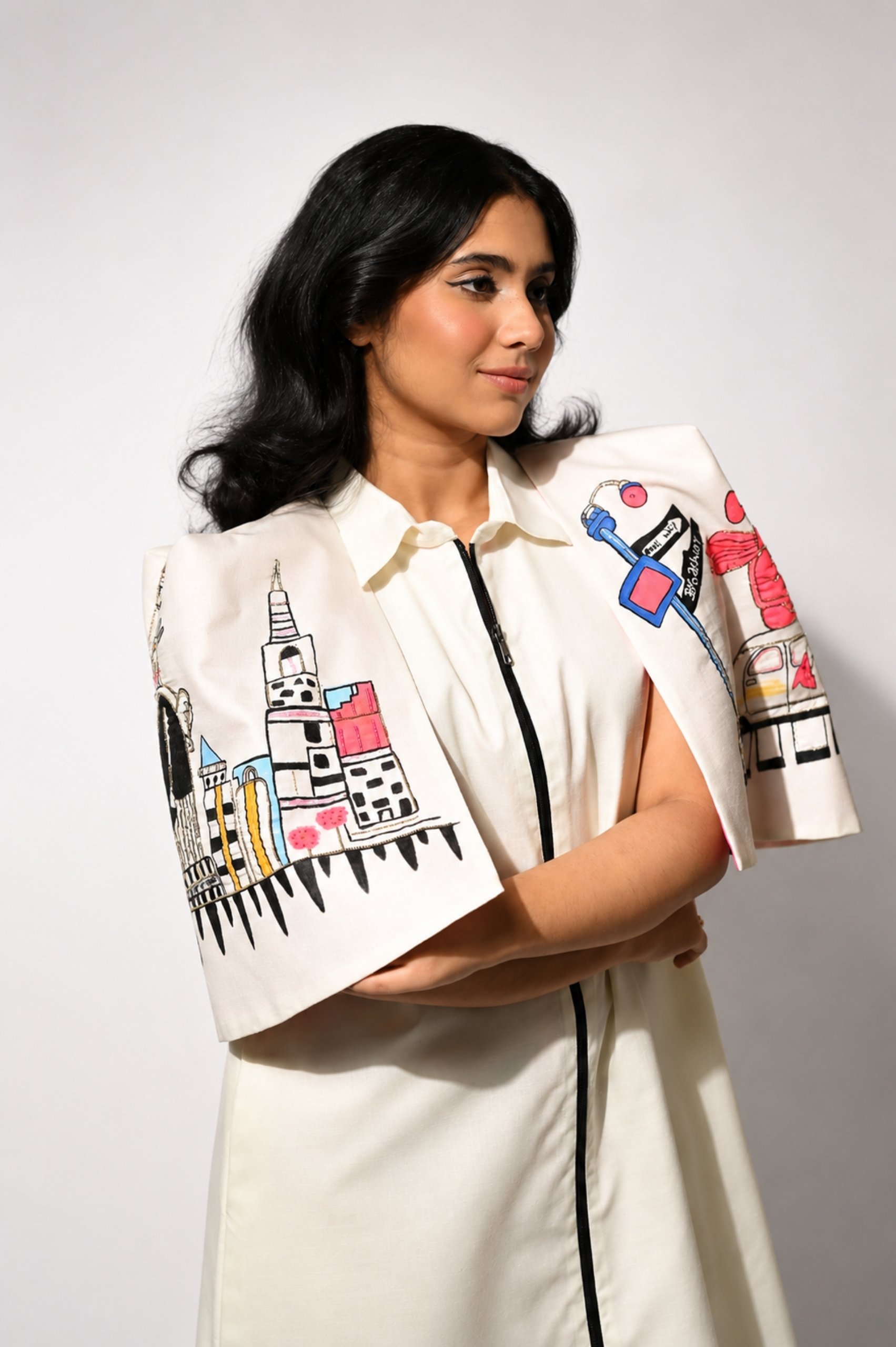 Off-White Cape Dress (Hand-Painted Art & Hand Embroidery) alternate view