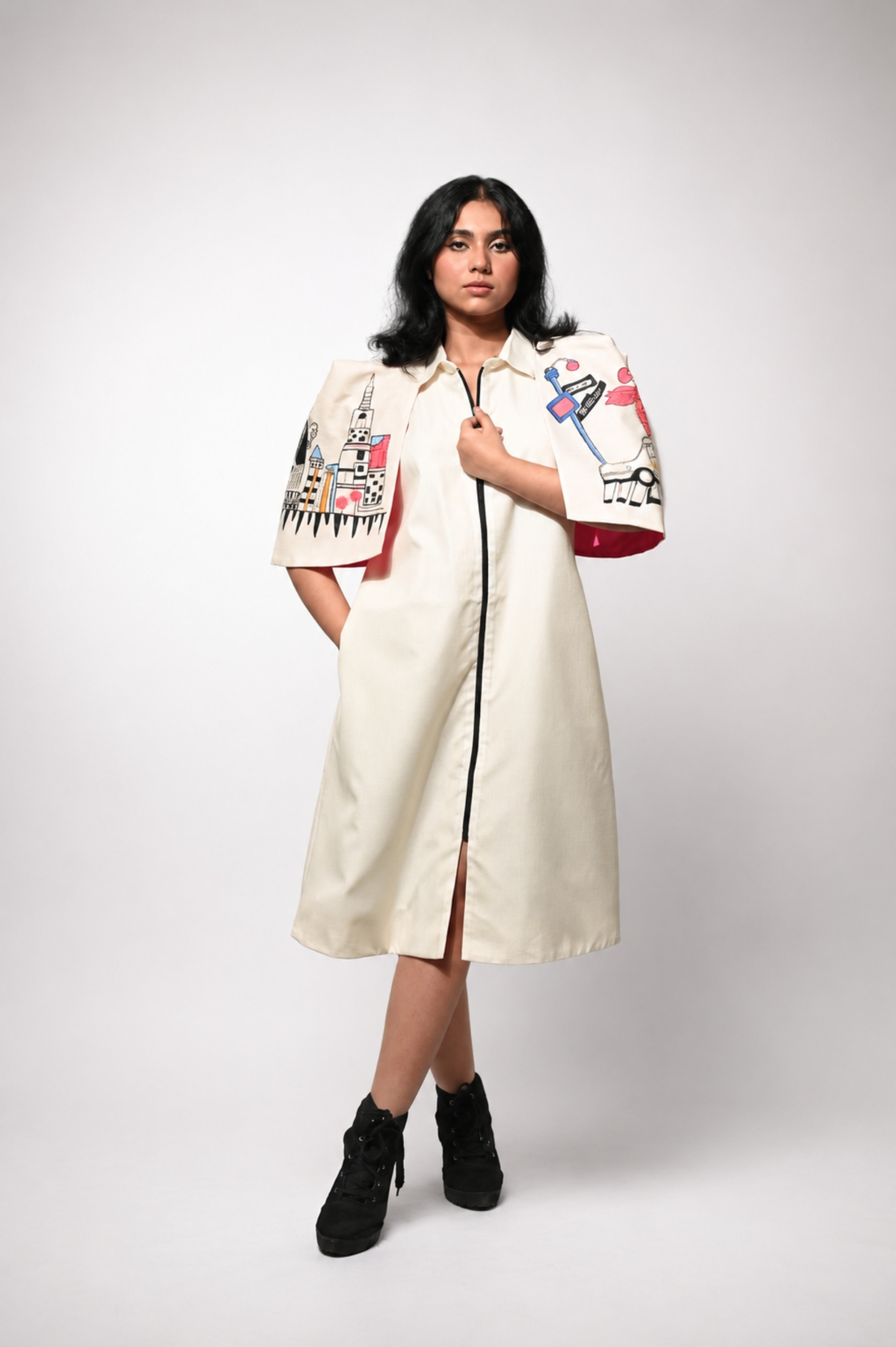 Off-White Cape Dress (Hand-Painted Art & Hand Embroidery) thumbnail
