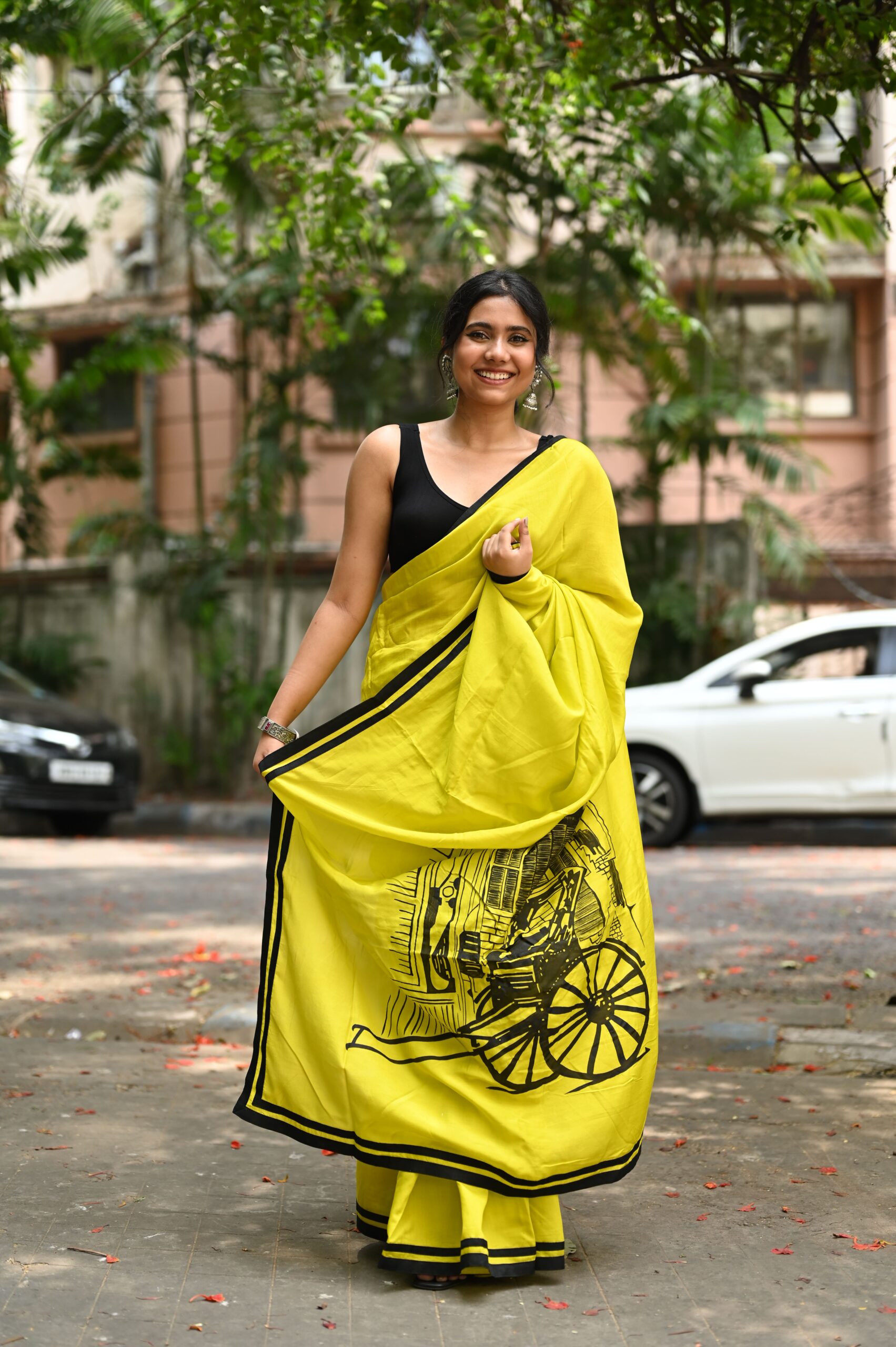 Slime Yellow Muslin Silk Saree (Hand-Painted Kolkata Art)