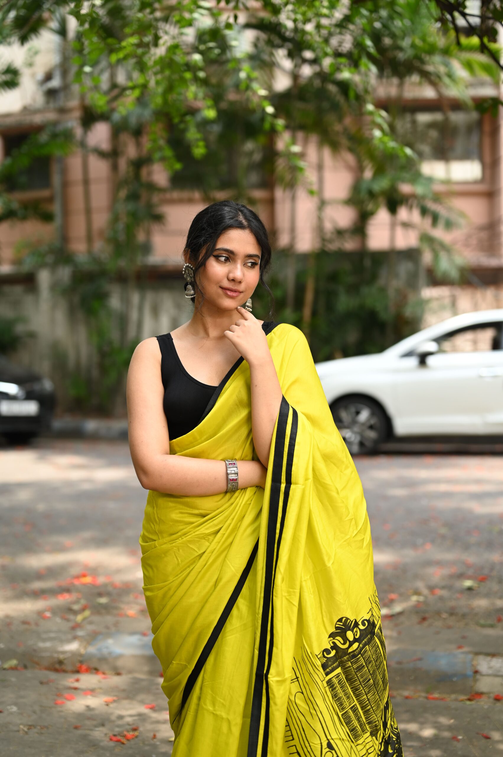 Slime Yellow Muslin Silk Saree (Hand-Painted Kolkata Art) alternate view
