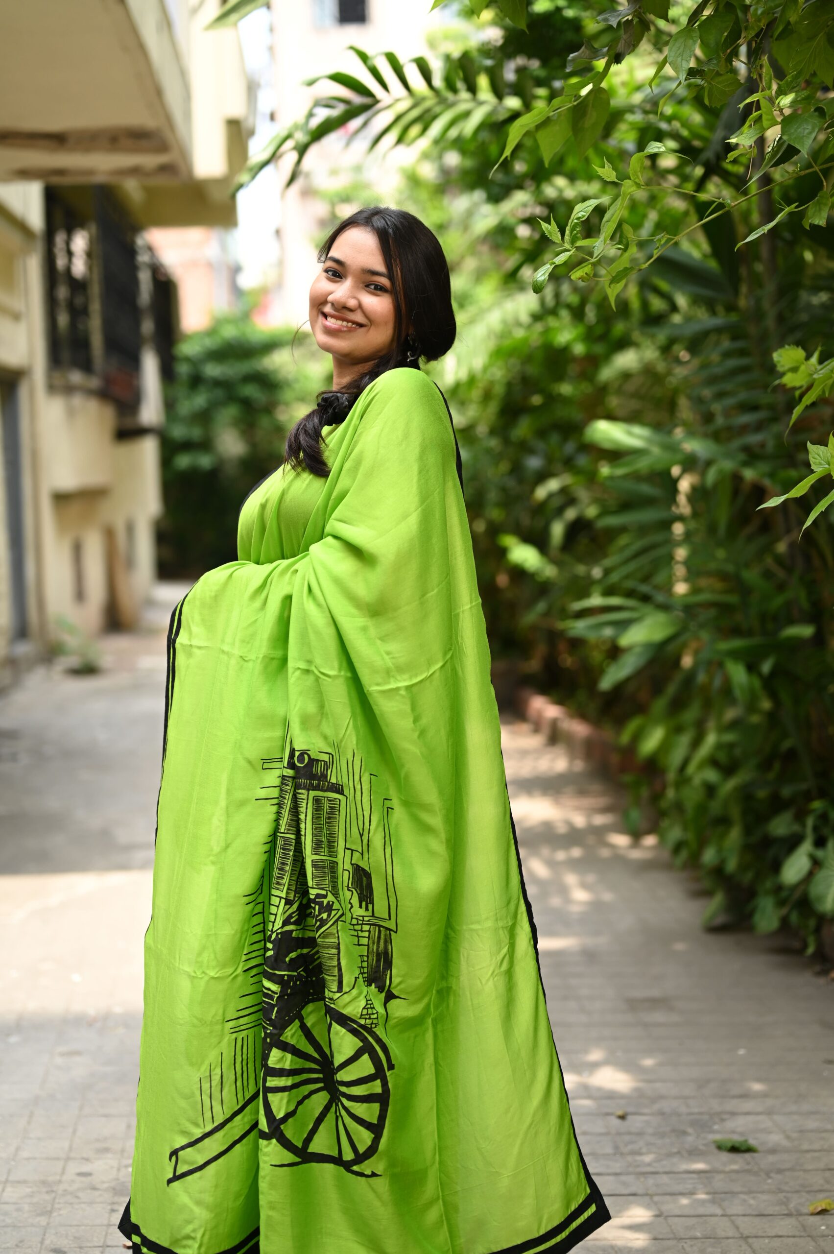 Neon Green Muslin Silk Saree (Hand-Painted Kolkata Art) thumbnail