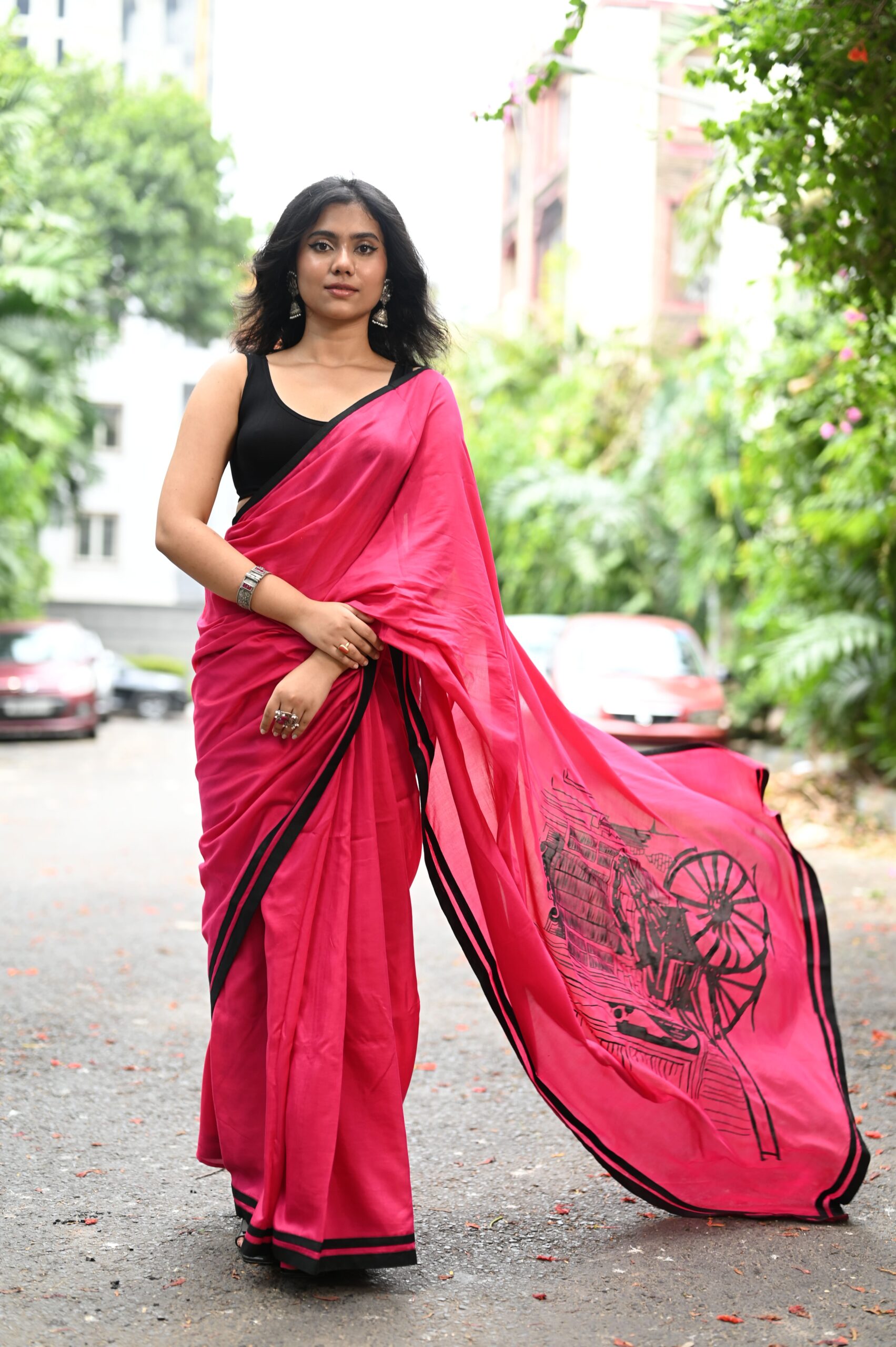 Fuchsia Pink Muslin Silk Saree (Kolkata Cityscape Art)