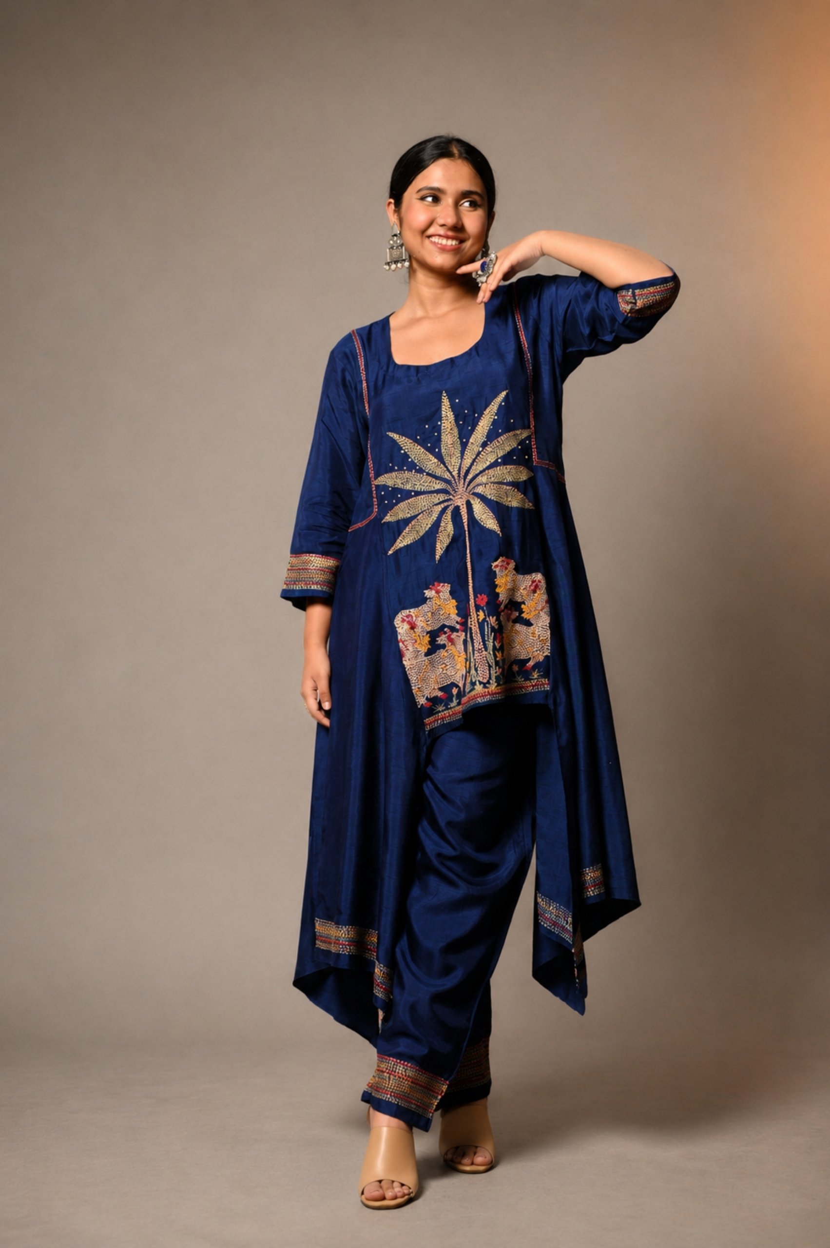Navy Blue Co-Ord Set with Kantha Pichwai Motif Embroidery thumbnail
