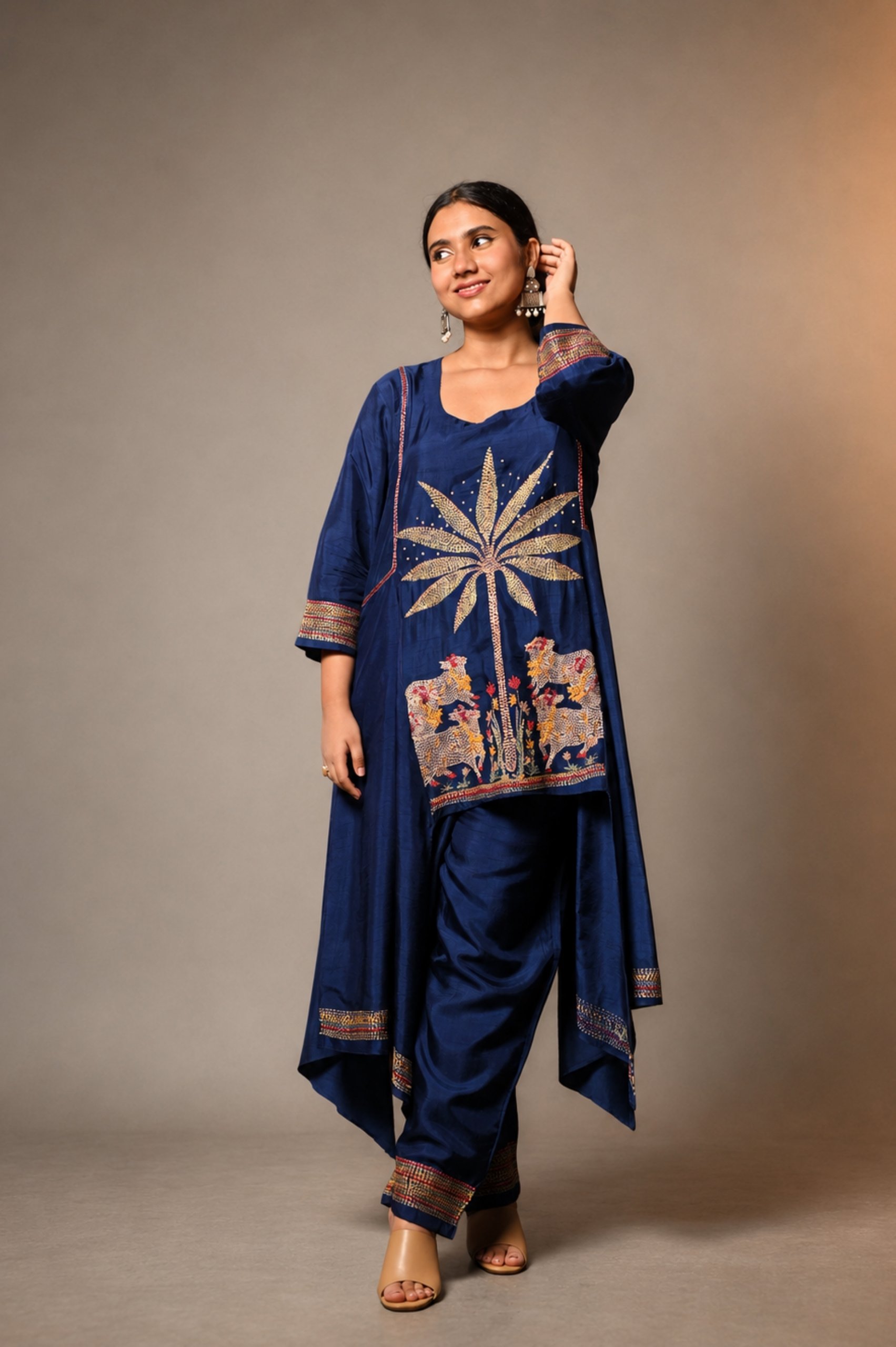Navy Blue Co-Ord Set with Kantha Pichwai Motif Embroidery thumbnail