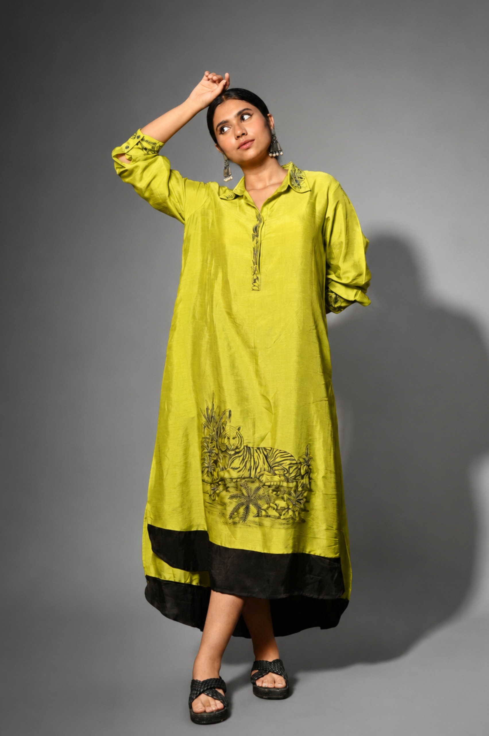 Slime Yellow Hand-Painted Dress (Embroidered Art Motif)
