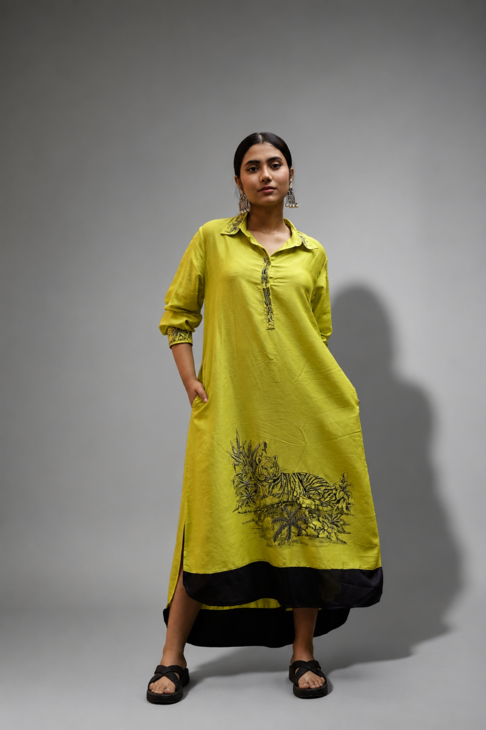 Slime Yellow Hand-Painted Dress (Embroidered Art Motif) thumbnail