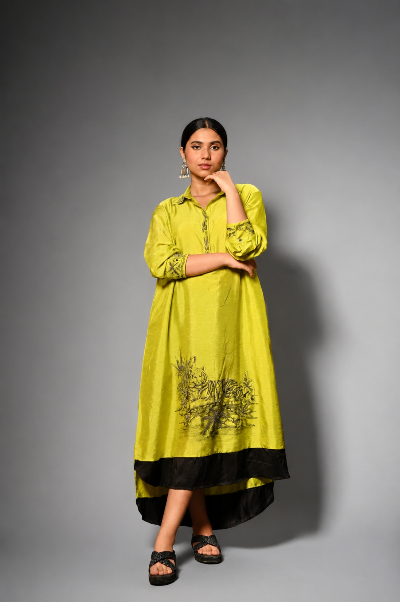 Slime Yellow Hand-Painted Dress (Embroidered Art Motif) thumbnail