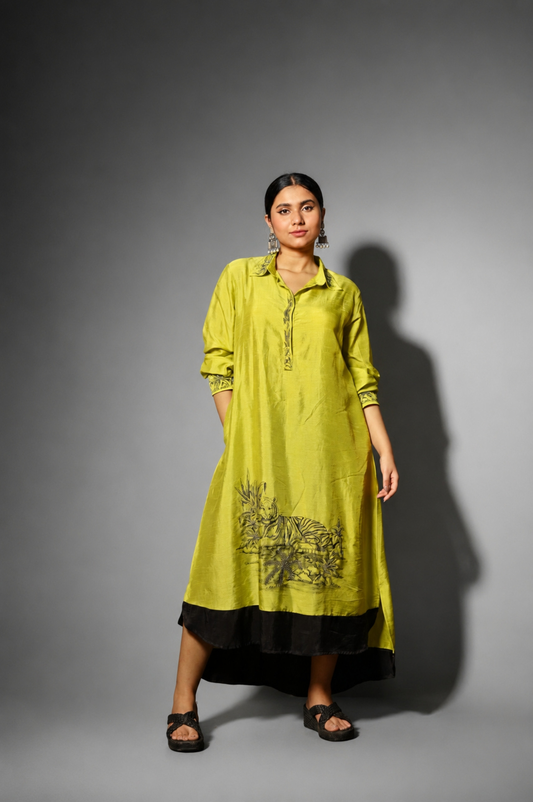 Slime Yellow Hand-Painted Dress (Embroidered Art Motif) thumbnail