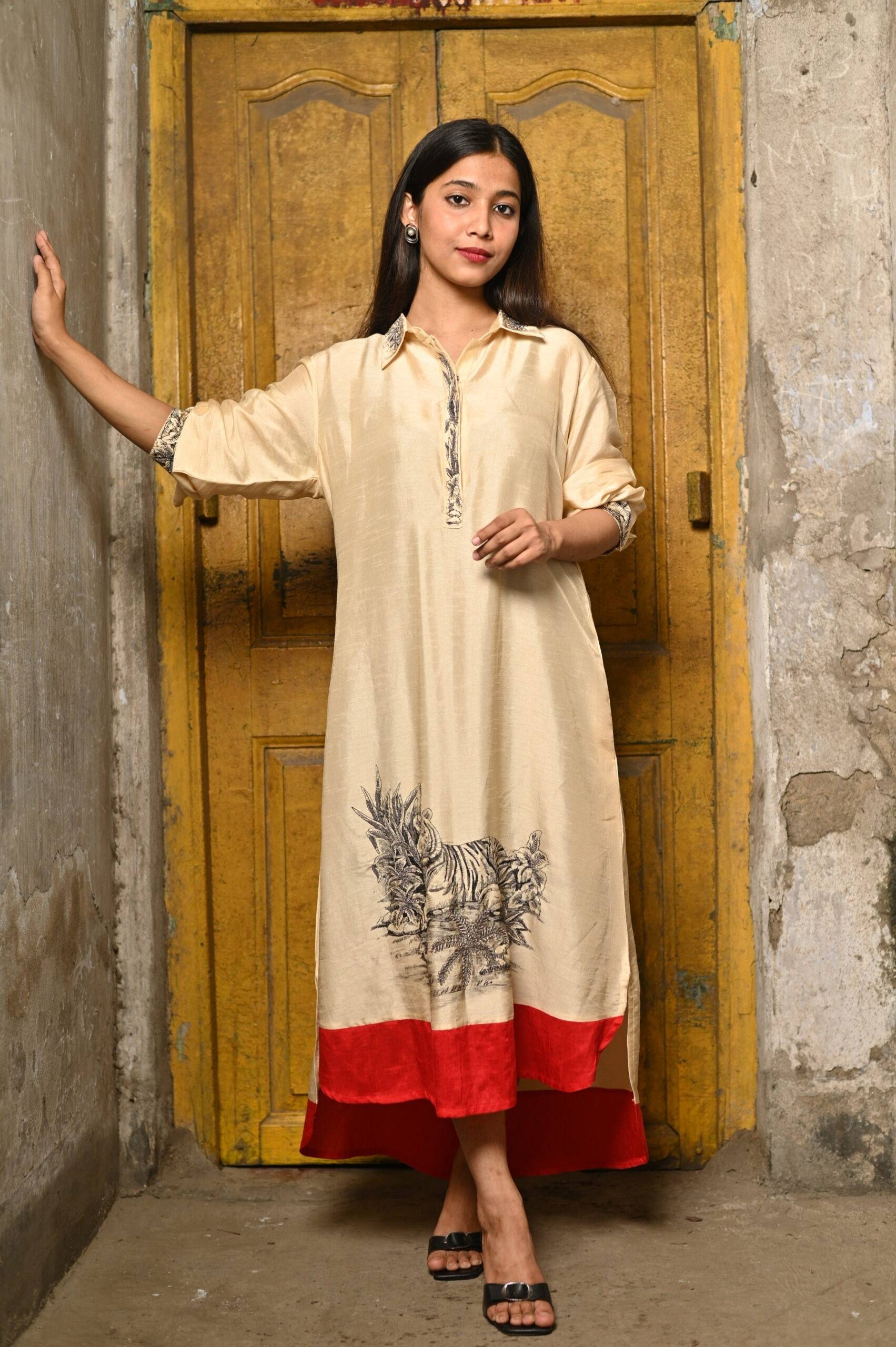 Beige Hand-Painted Dress with Embroidered Art Motif thumbnail