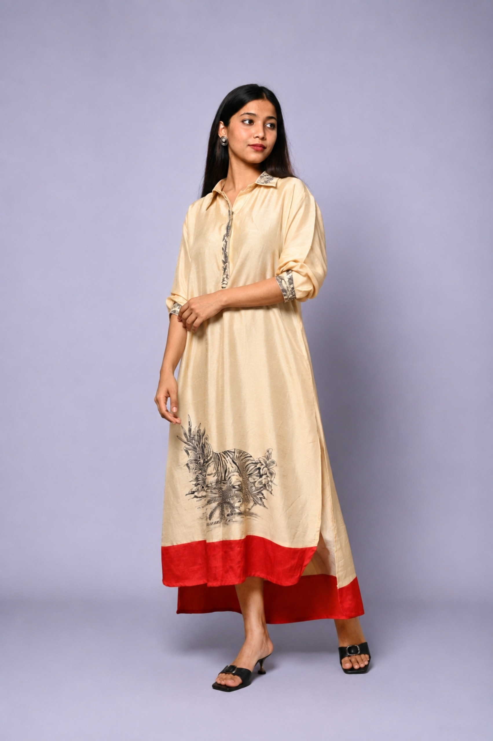 Beige Hand-Painted Dress with Embroidered Art Motif thumbnail
