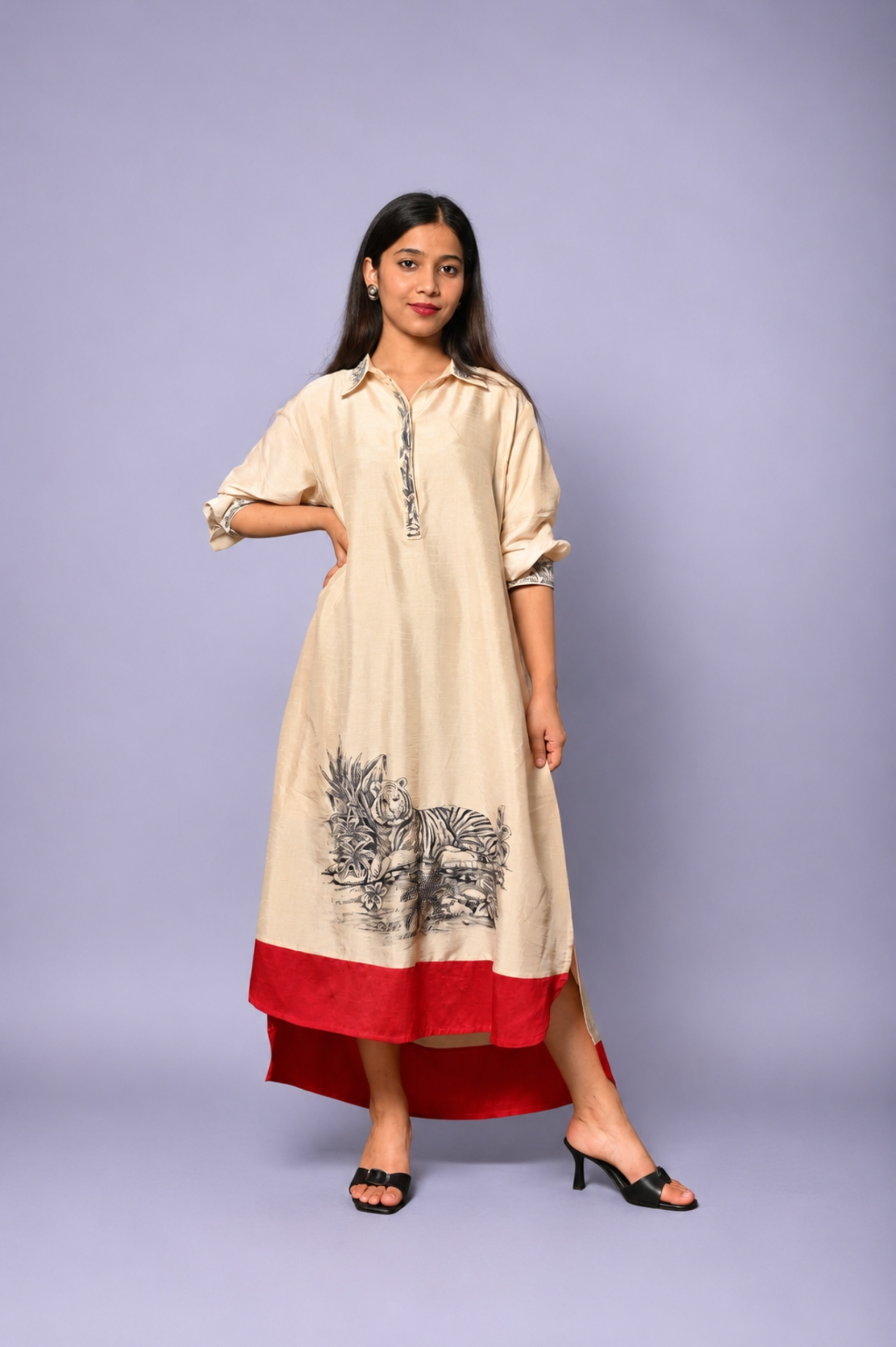 Beige Hand-Painted Dress with Embroidered Art Motif thumbnail