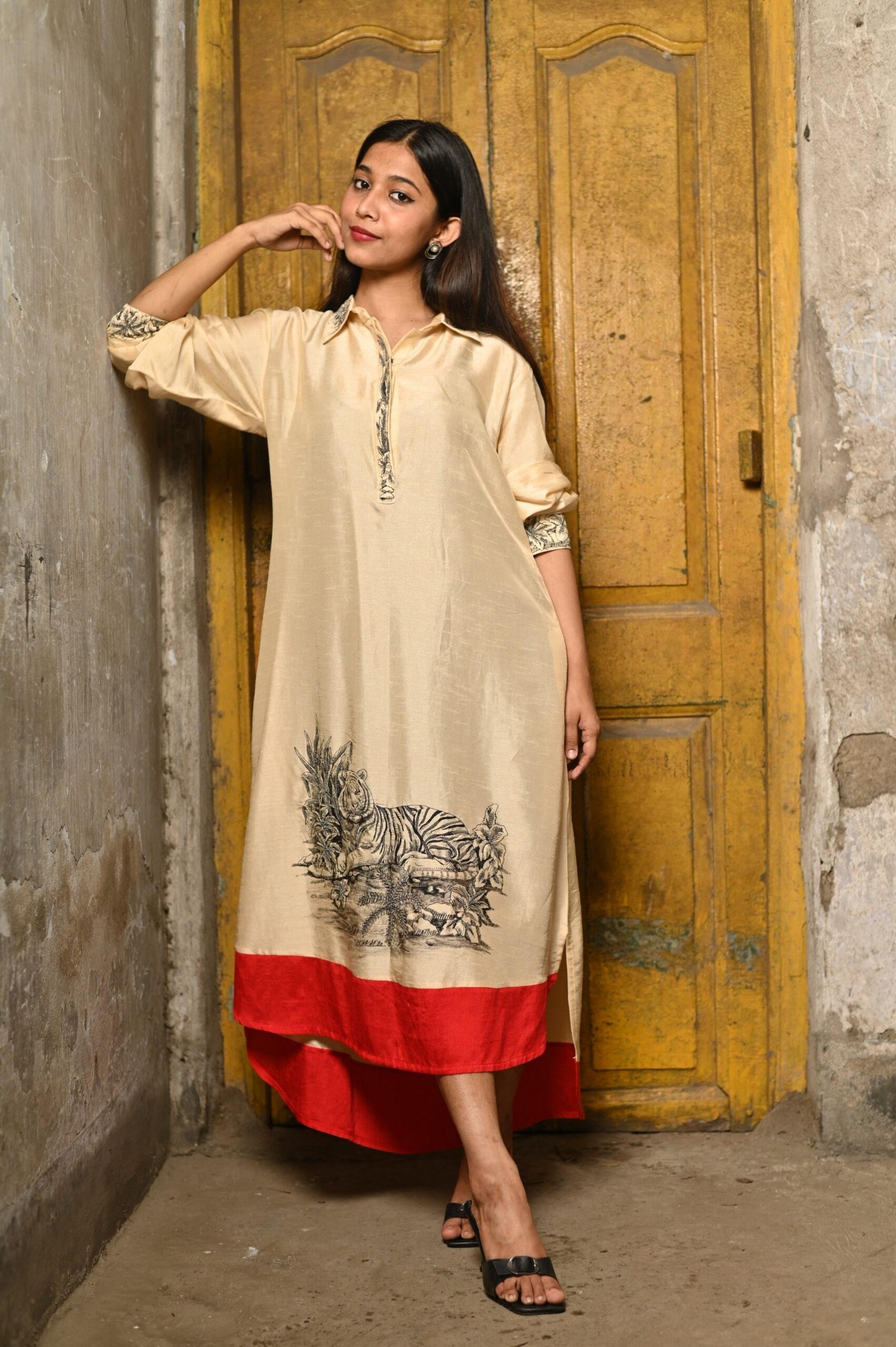 Beige Hand-Painted Dress with Embroidered Art Motif thumbnail