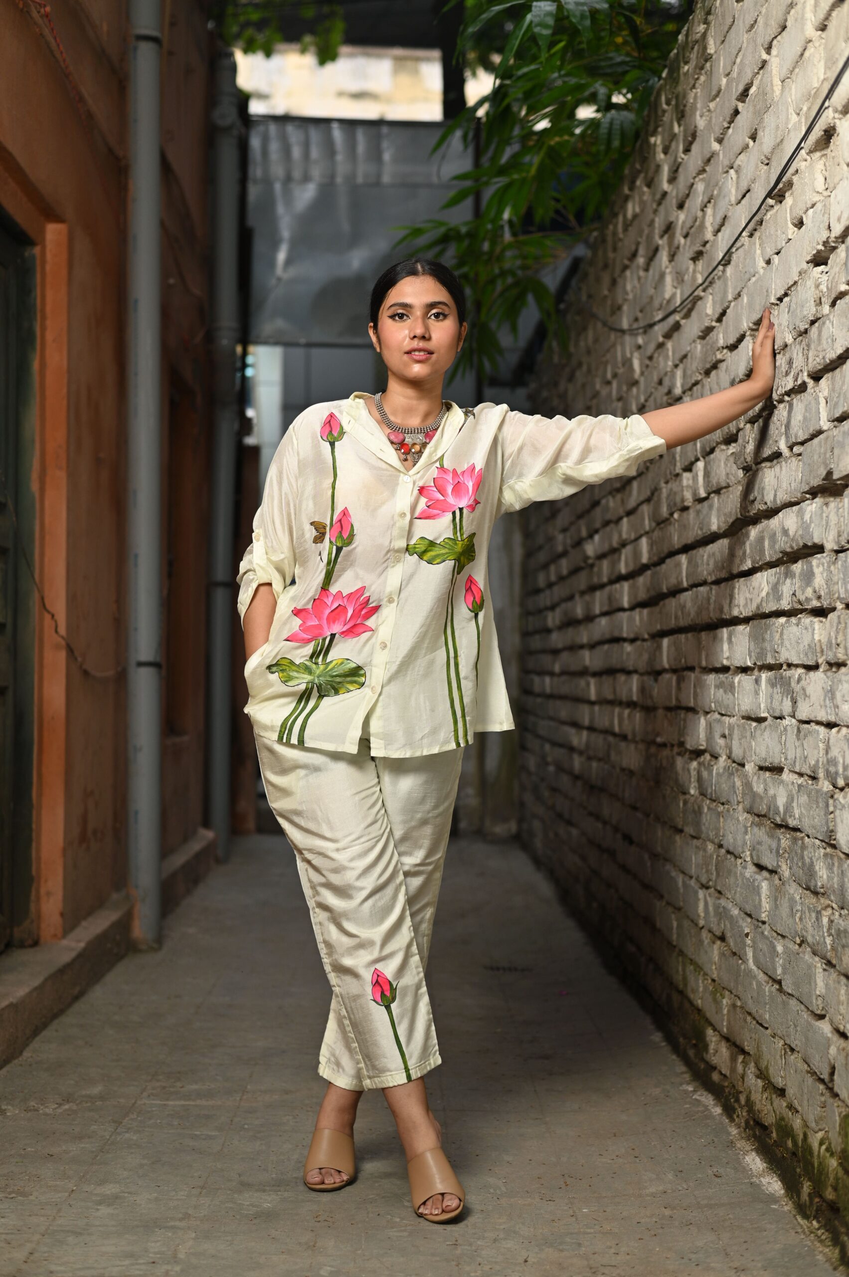 Off White Bemberg Silk Co-Ord Set (Hand-Painted Art) thumbnail
