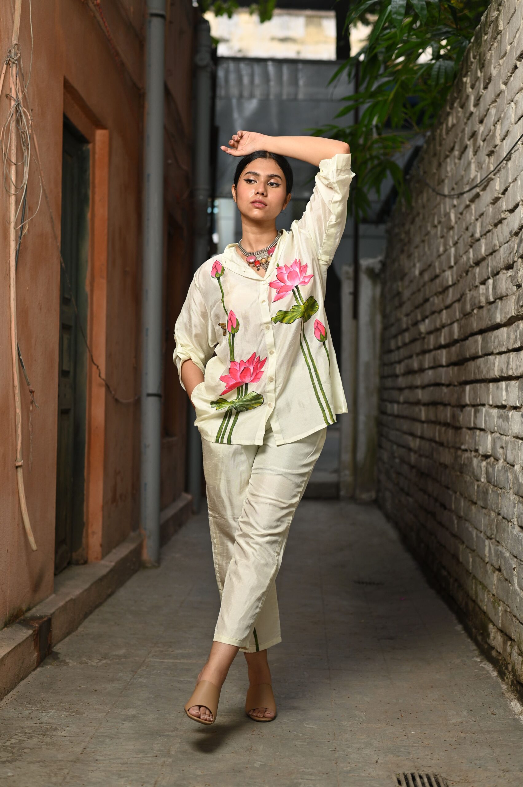 Off White Bemberg Silk Co-Ord Set (Hand-Painted Art)