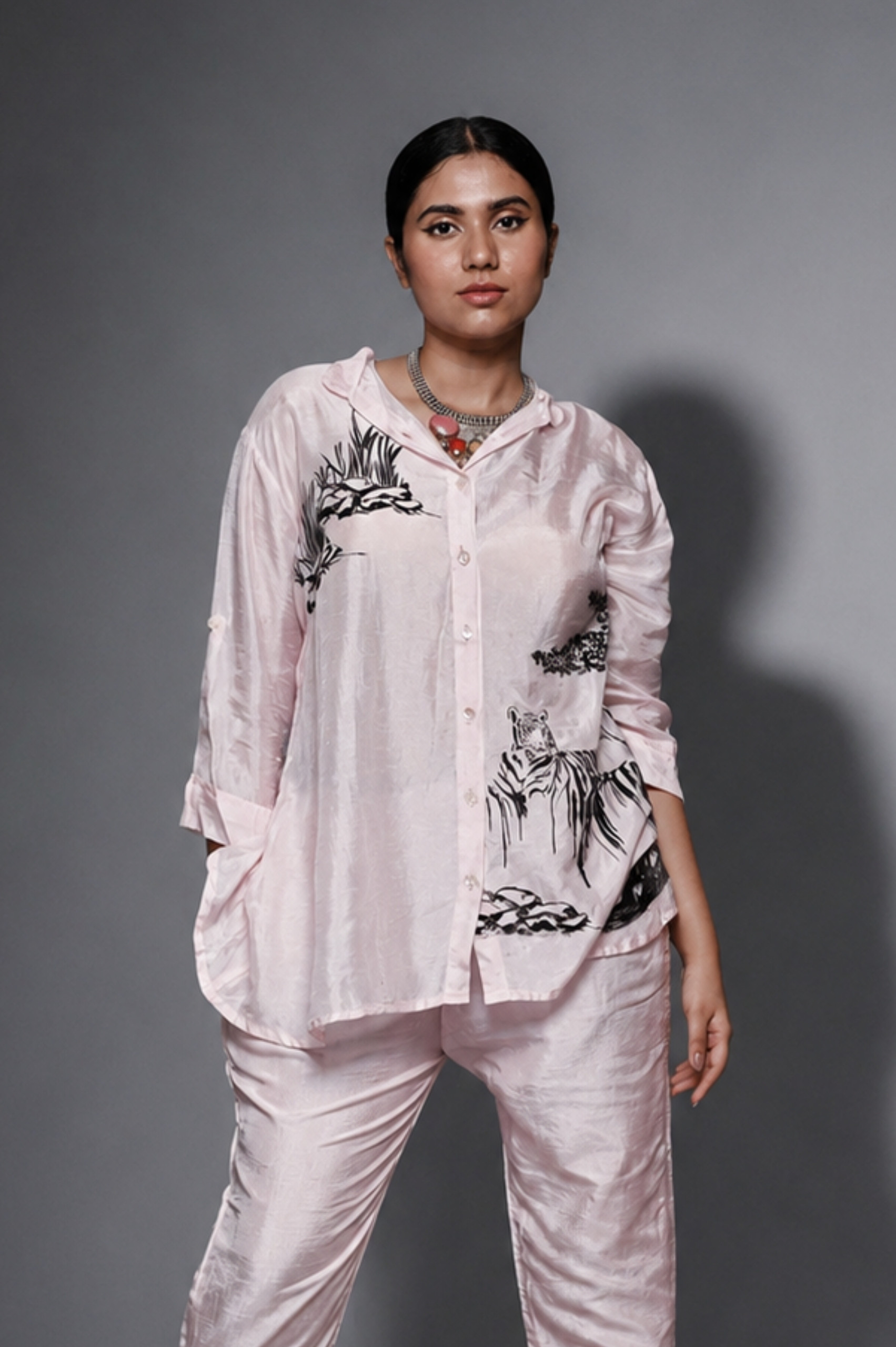 Baby Pink Bemberg Silk Co-Ord Set (Hand-Painted Art) alternate view