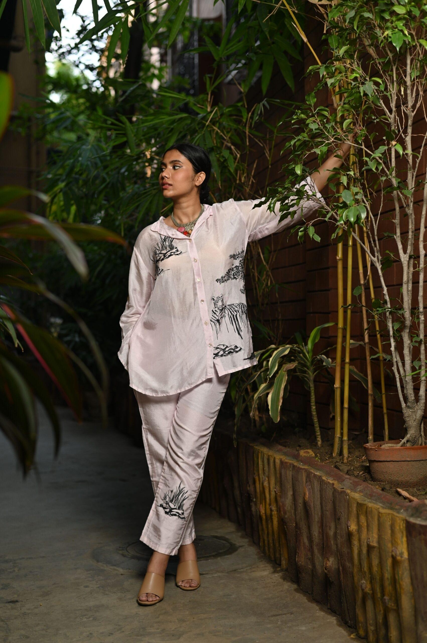 Baby Pink Bemberg Silk Co-Ord Set (Hand-Painted Art) thumbnail