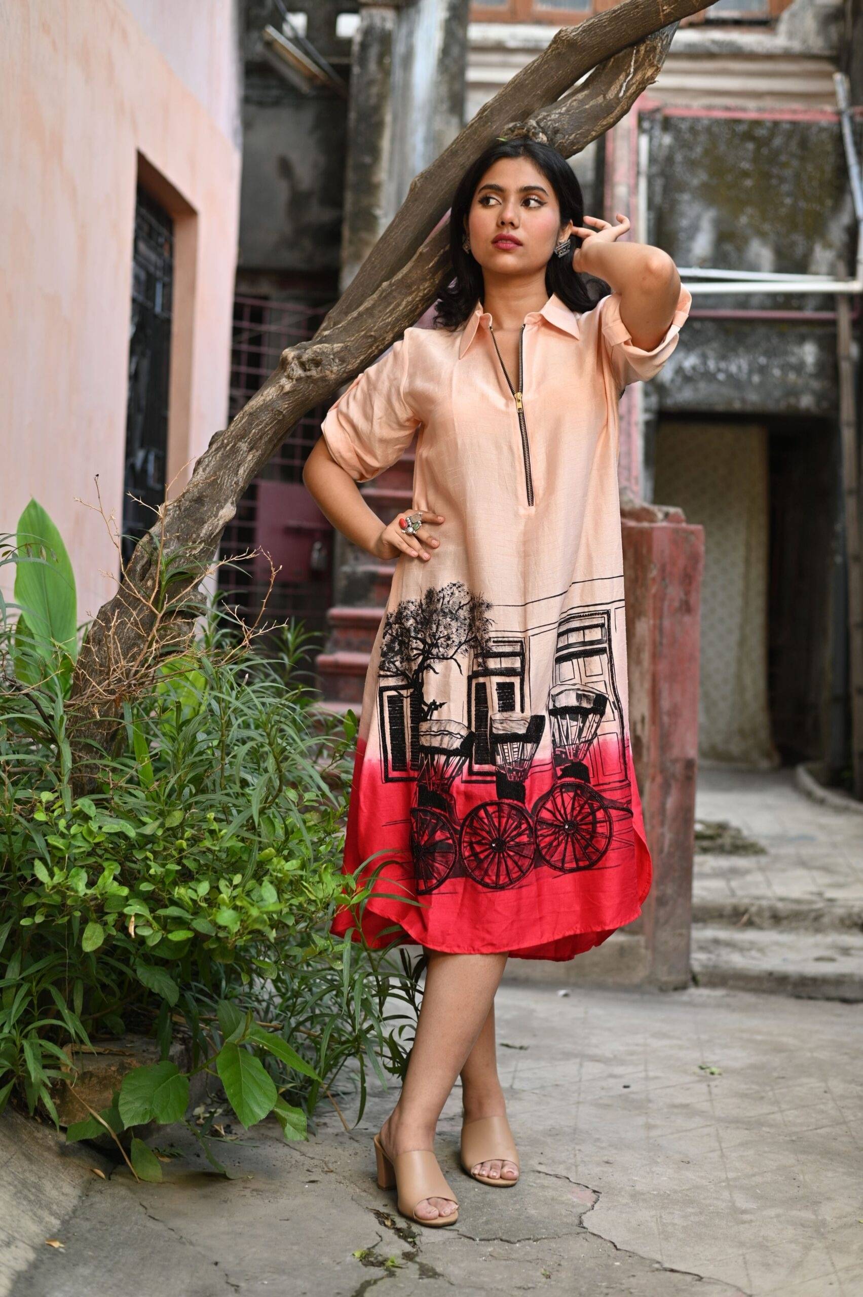 Red Ombre Silk Dress (Hand Painted Embroidery) thumbnail