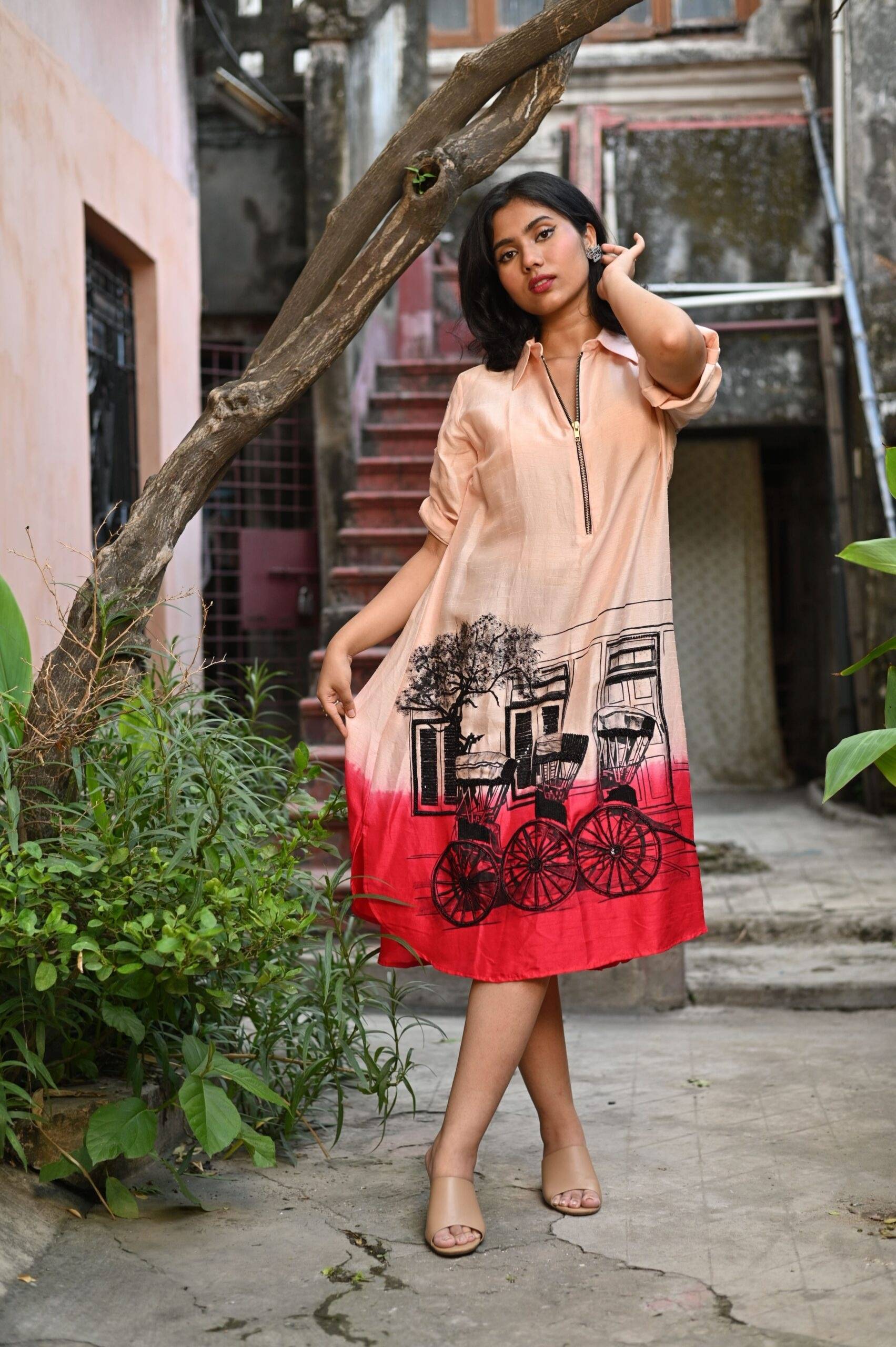 Red Ombre Silk Dress (Hand Painted Embroidery) thumbnail
