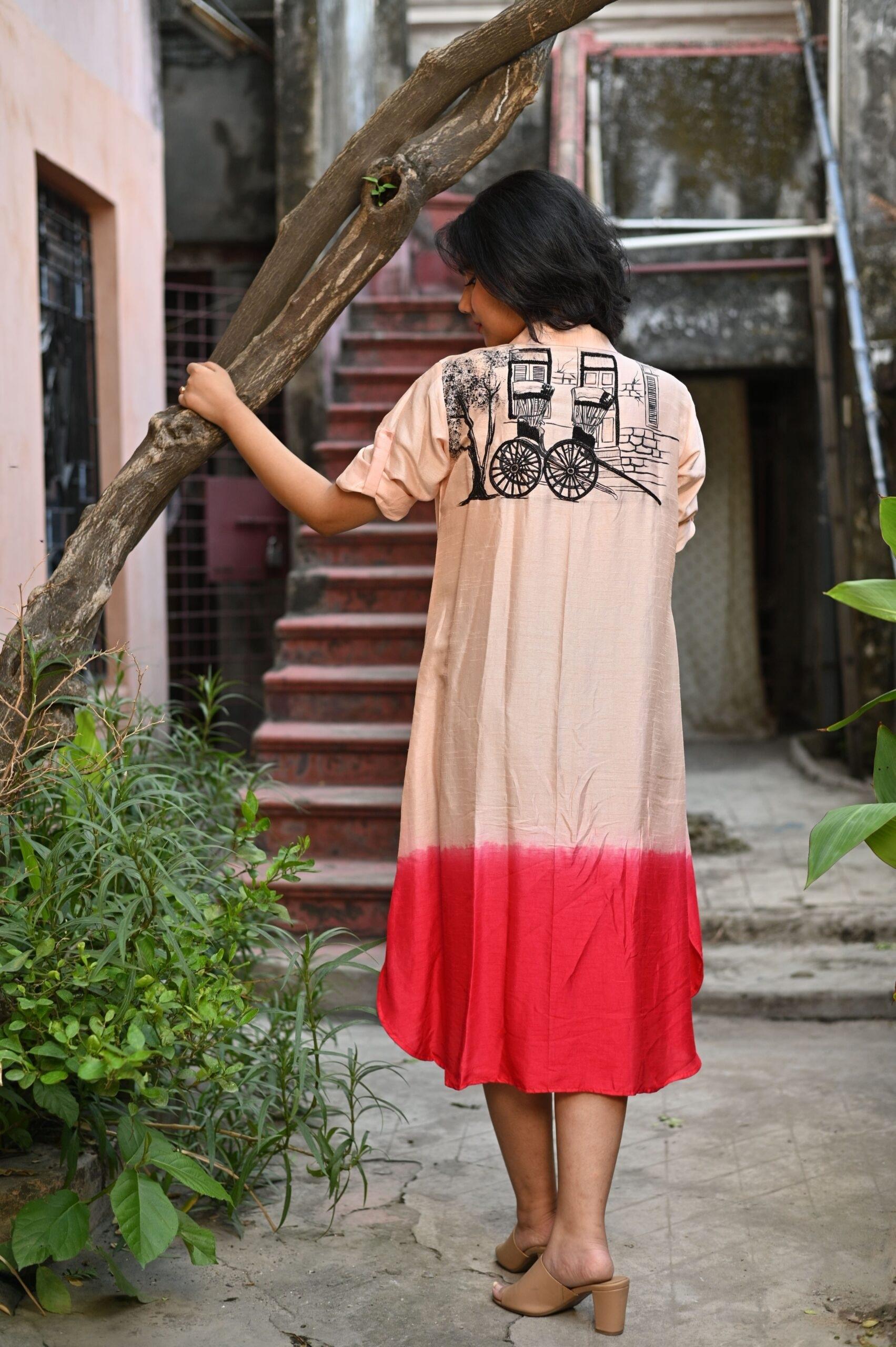 Red Ombre Silk Dress (Hand Painted Embroidery) thumbnail