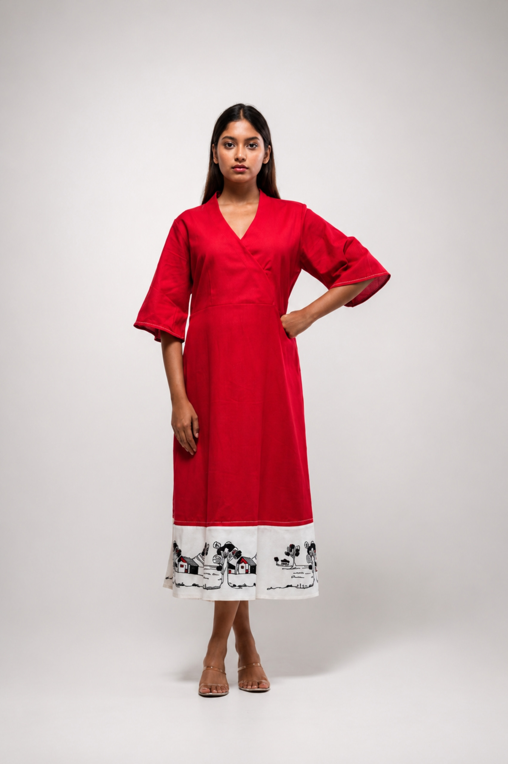 Red Dress with artistic handprinted hem alternate view