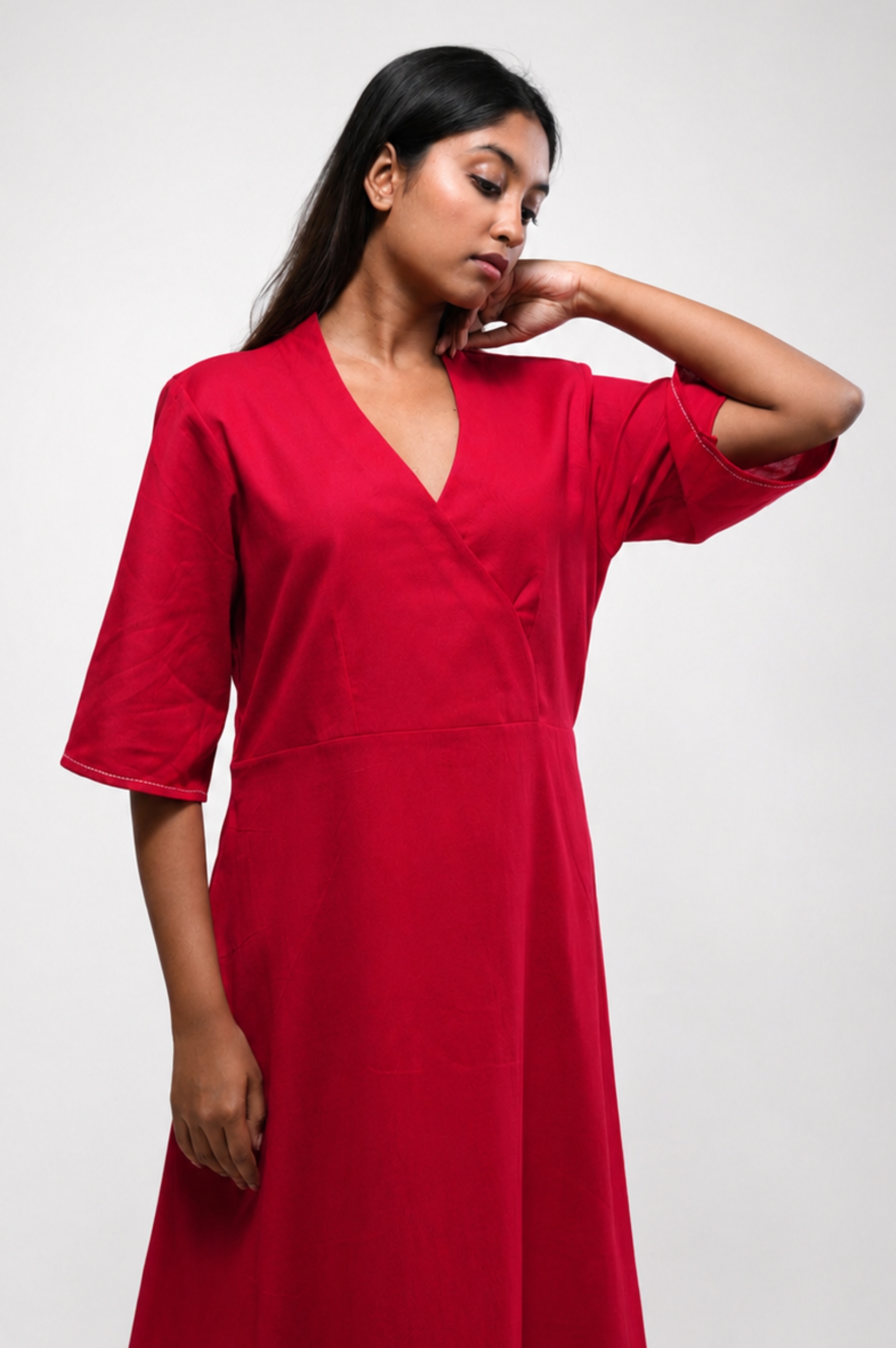 Red Dress with artistic handprinted hem