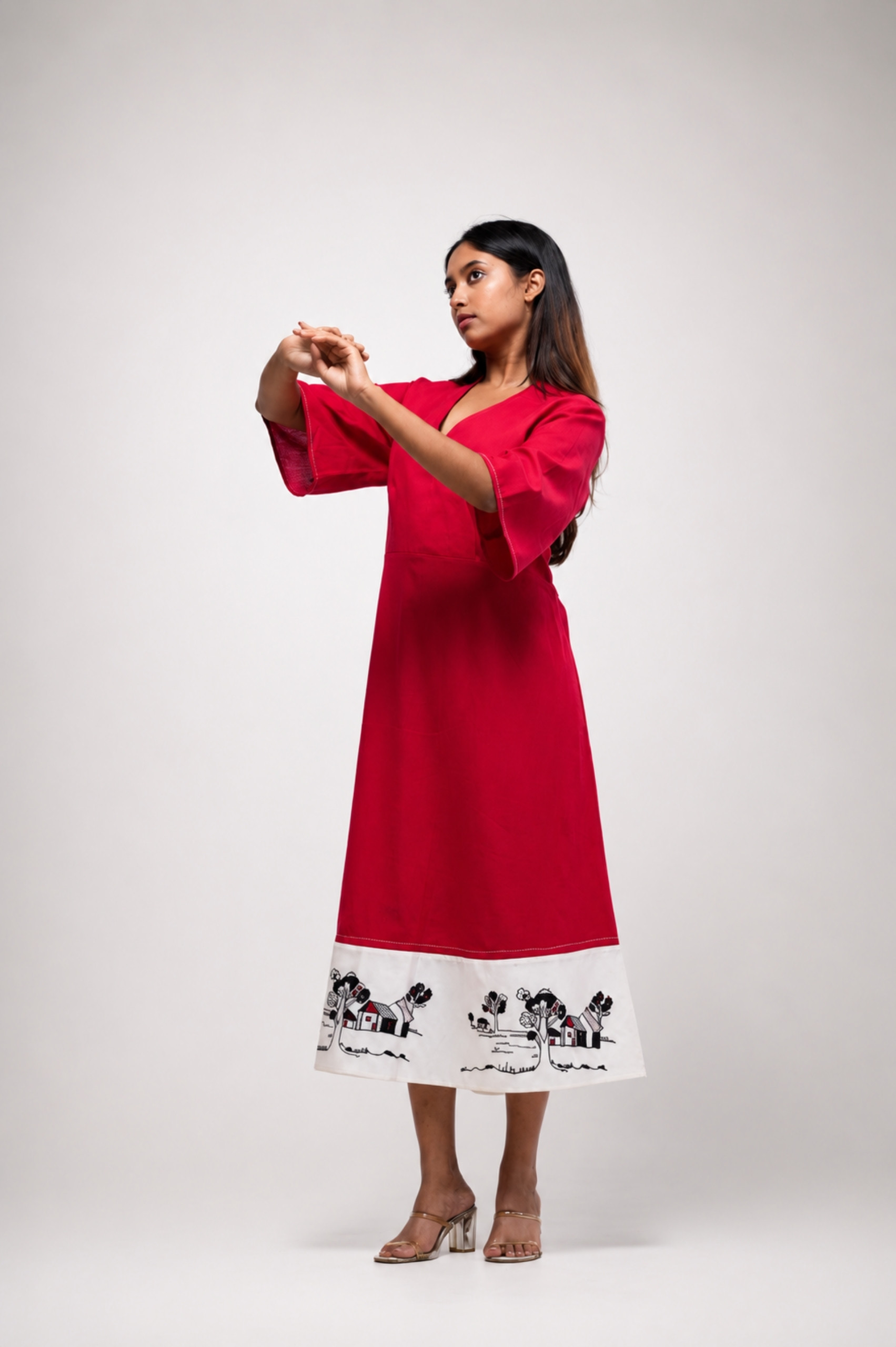 Red Dress with artistic handprinted hem thumbnail