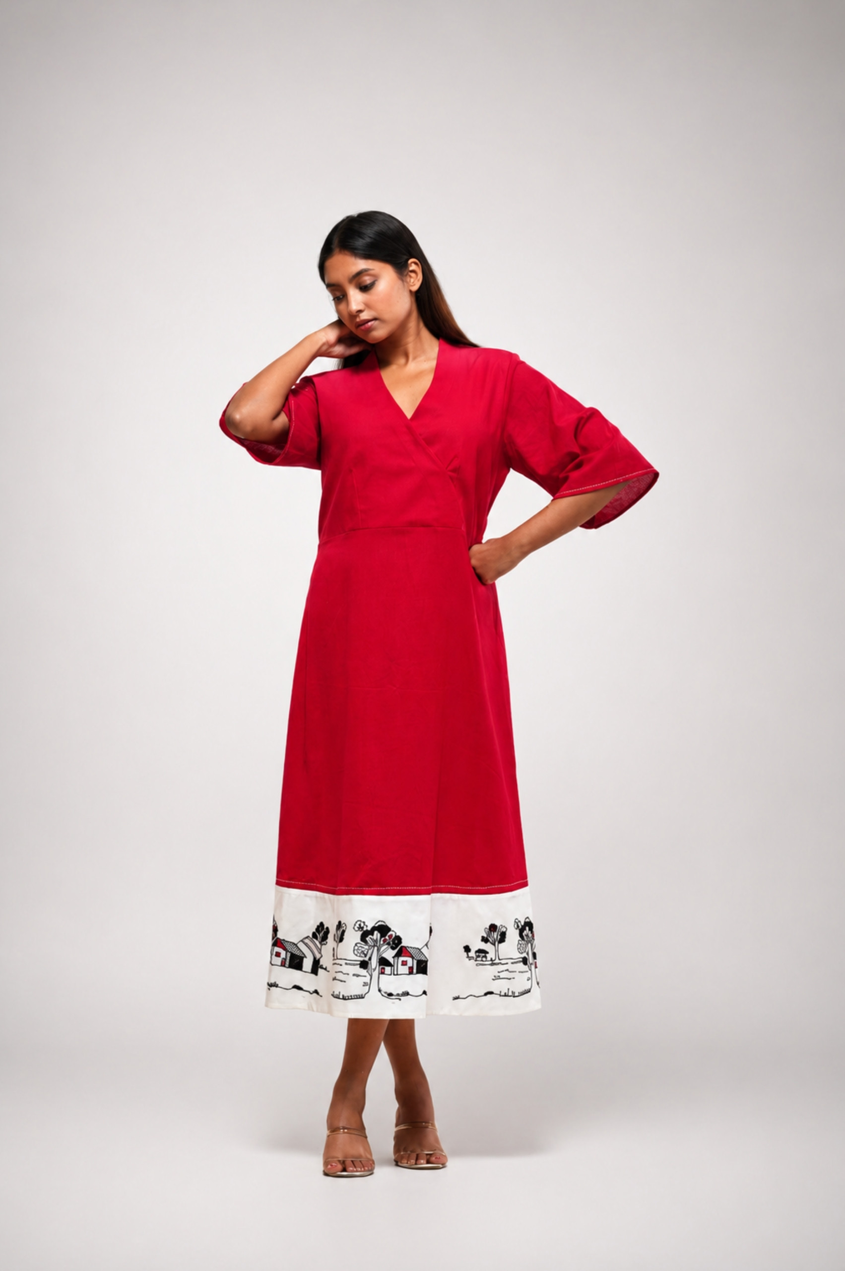 Red Dress with artistic handprinted hem thumbnail