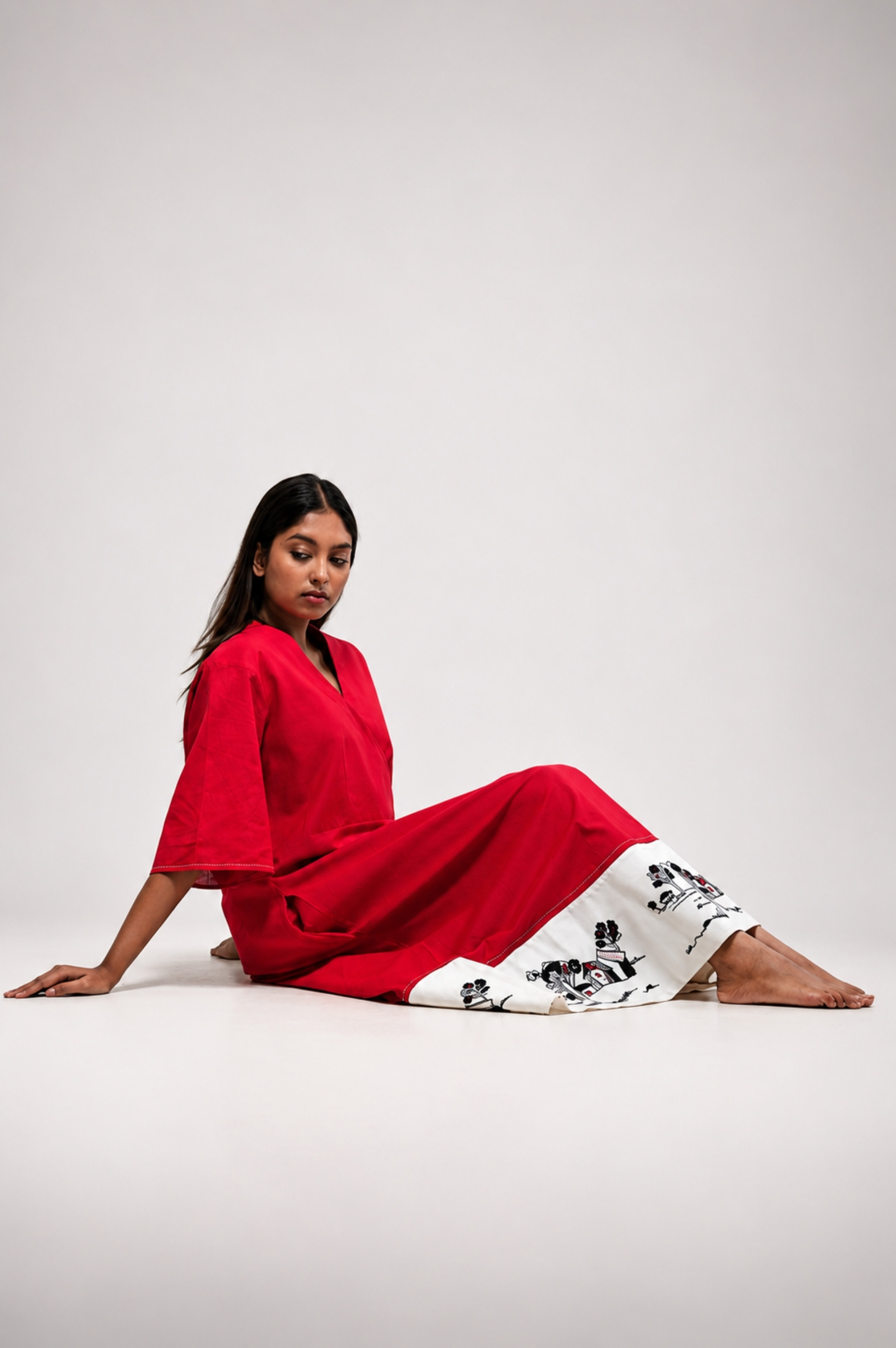 Red Dress with artistic handprinted hem thumbnail