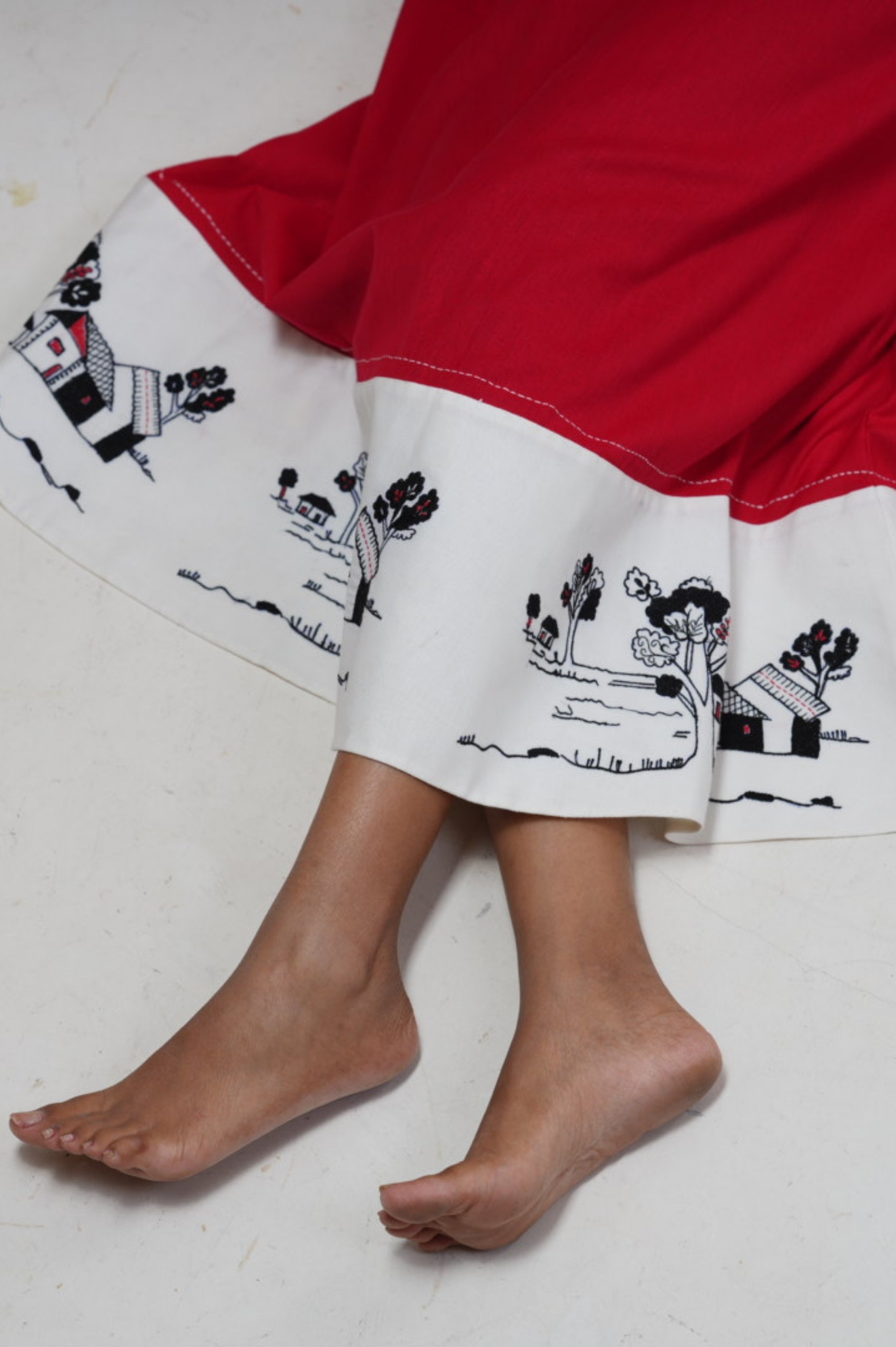 Red Dress with artistic handprinted hem thumbnail