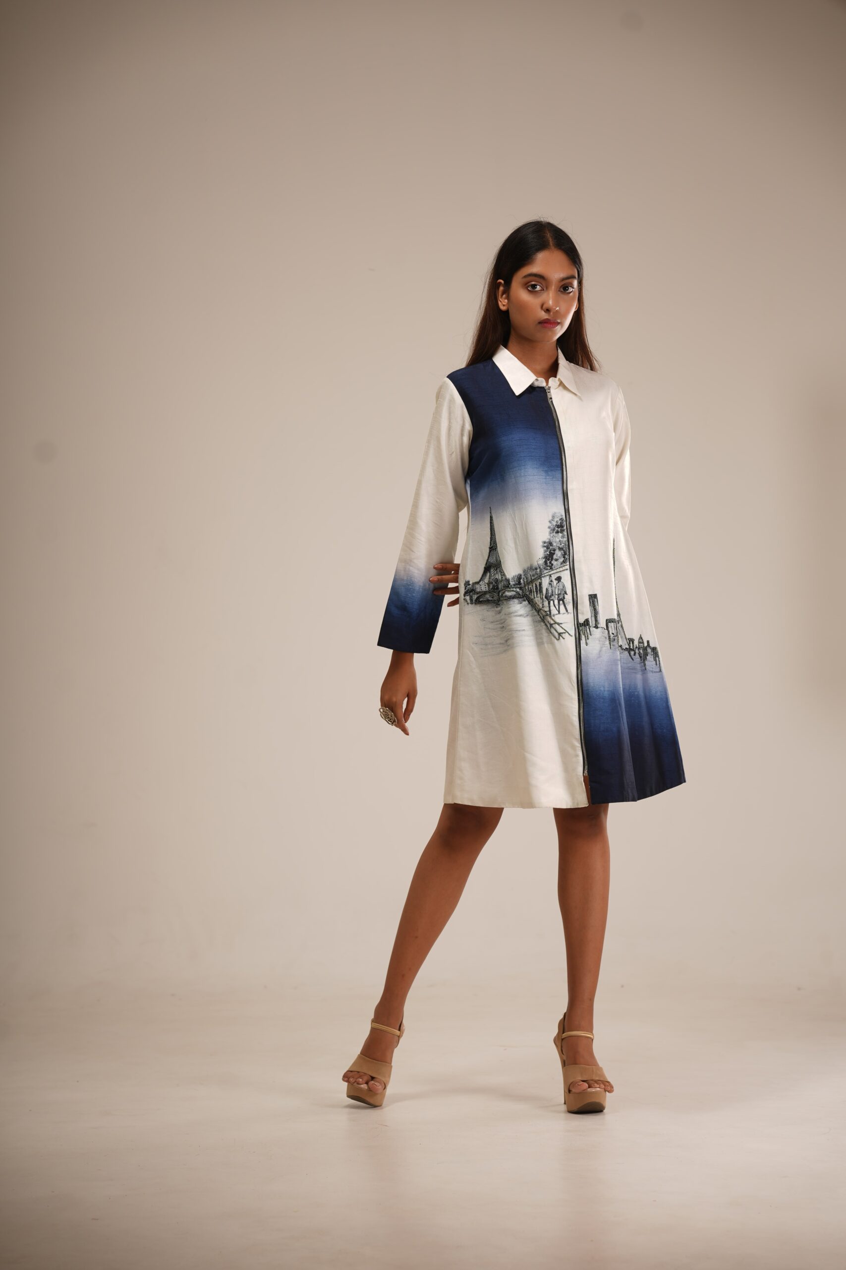 Ivory and Indigo Hand-Painted Shirt Dress thumbnail