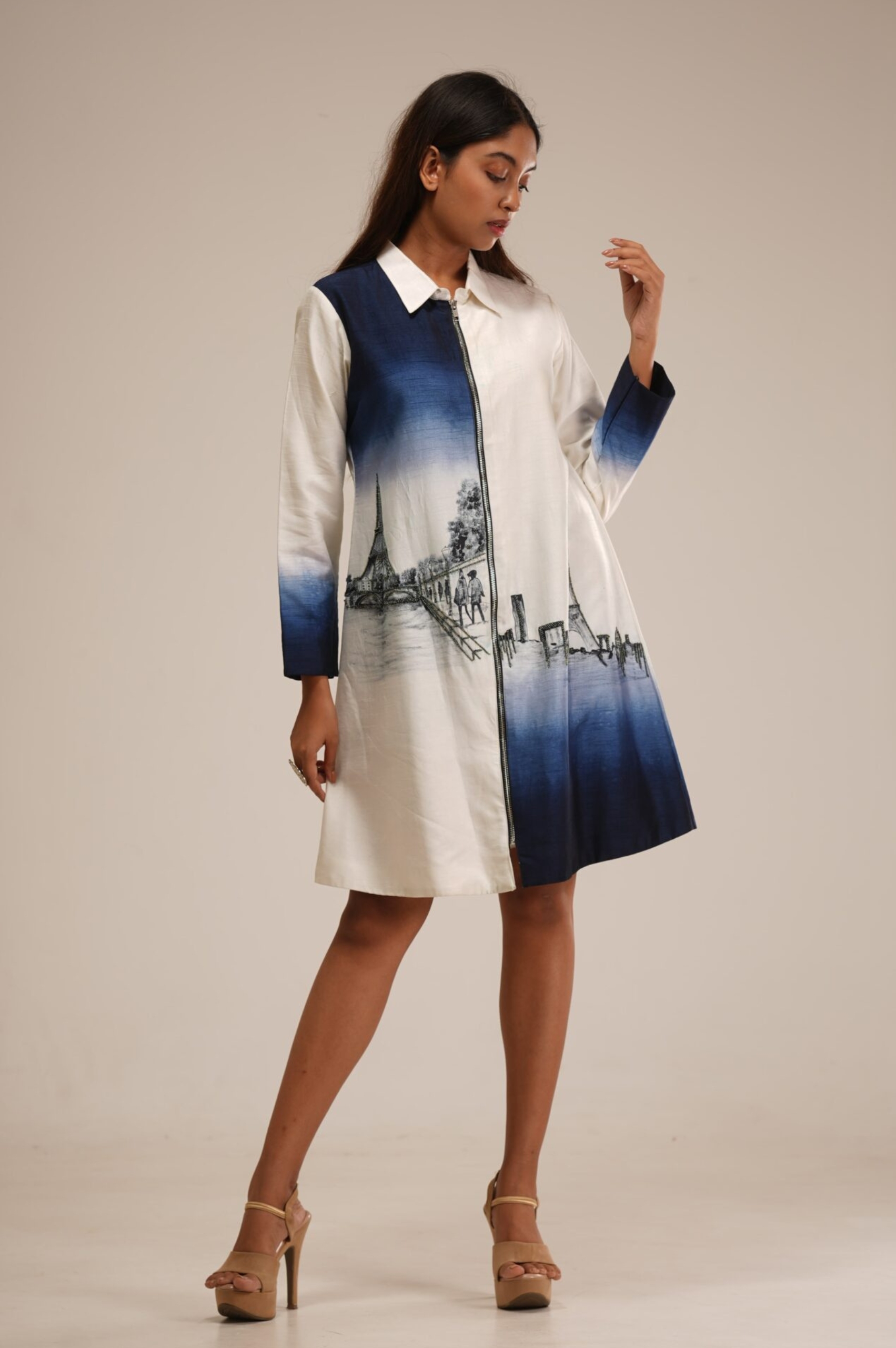 Ivory and Indigo Hand-Painted Shirt Dress