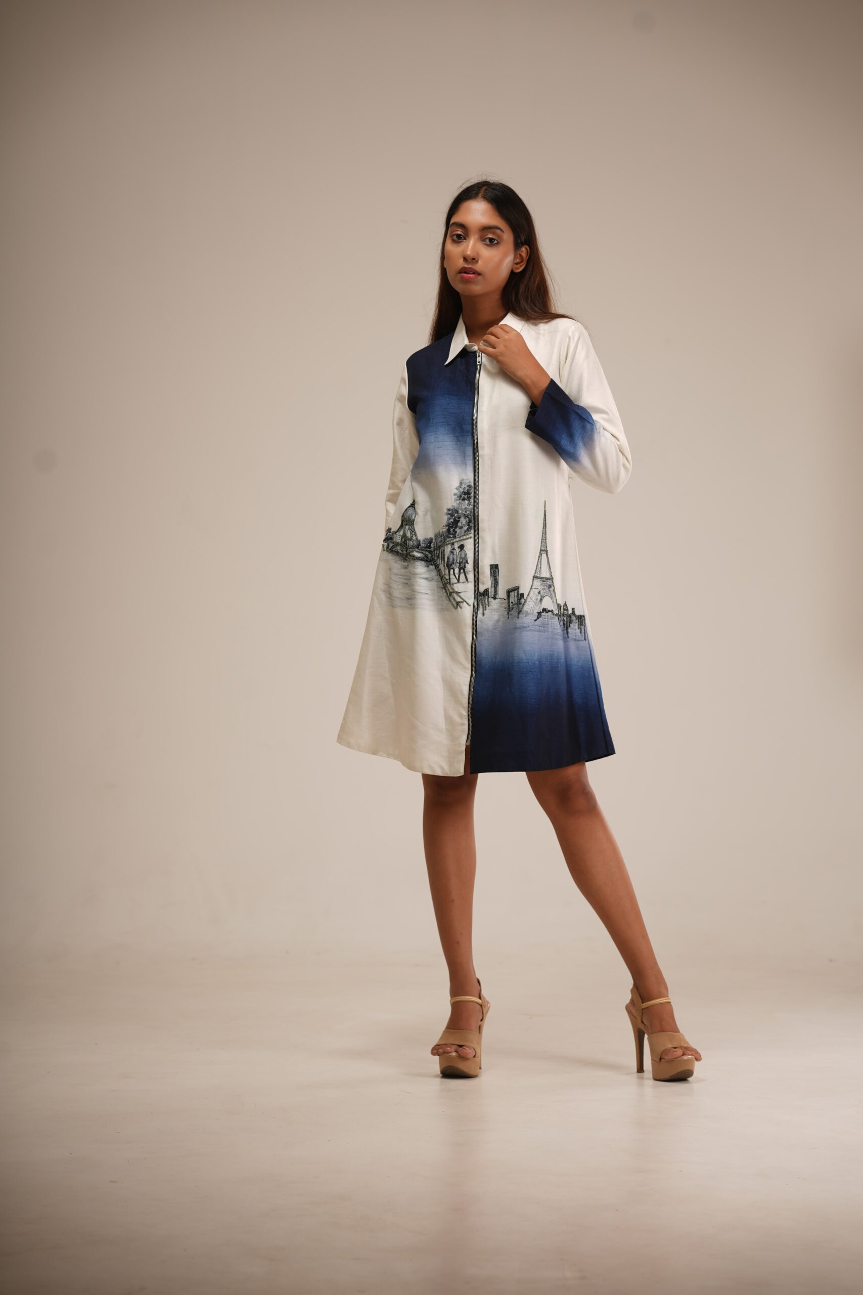 Ivory and Indigo Hand-Painted Shirt Dress thumbnail