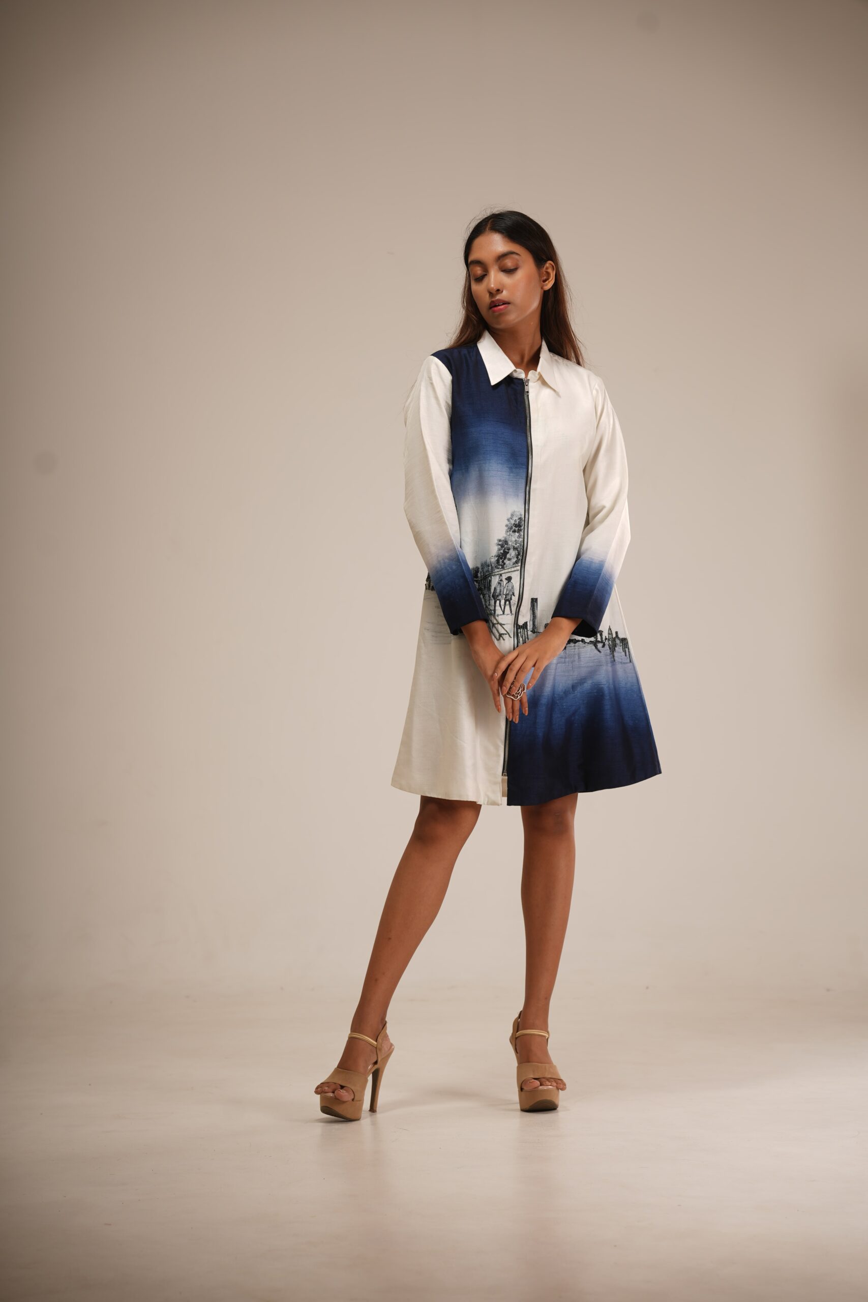 Ivory and Indigo Hand-Painted Shirt Dress thumbnail