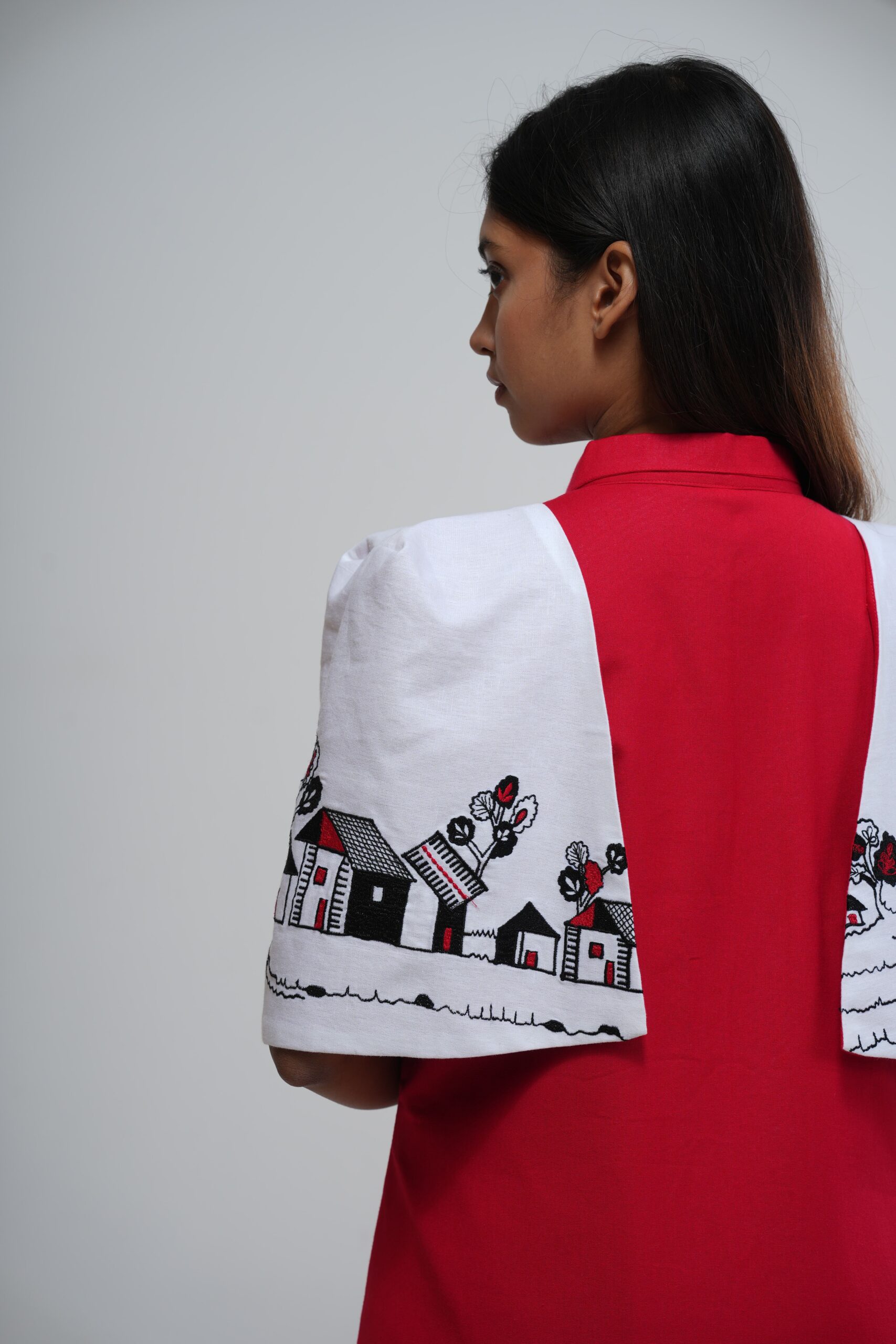 Scarlet Red Zipper Dress with Art Puffed Sleeves thumbnail