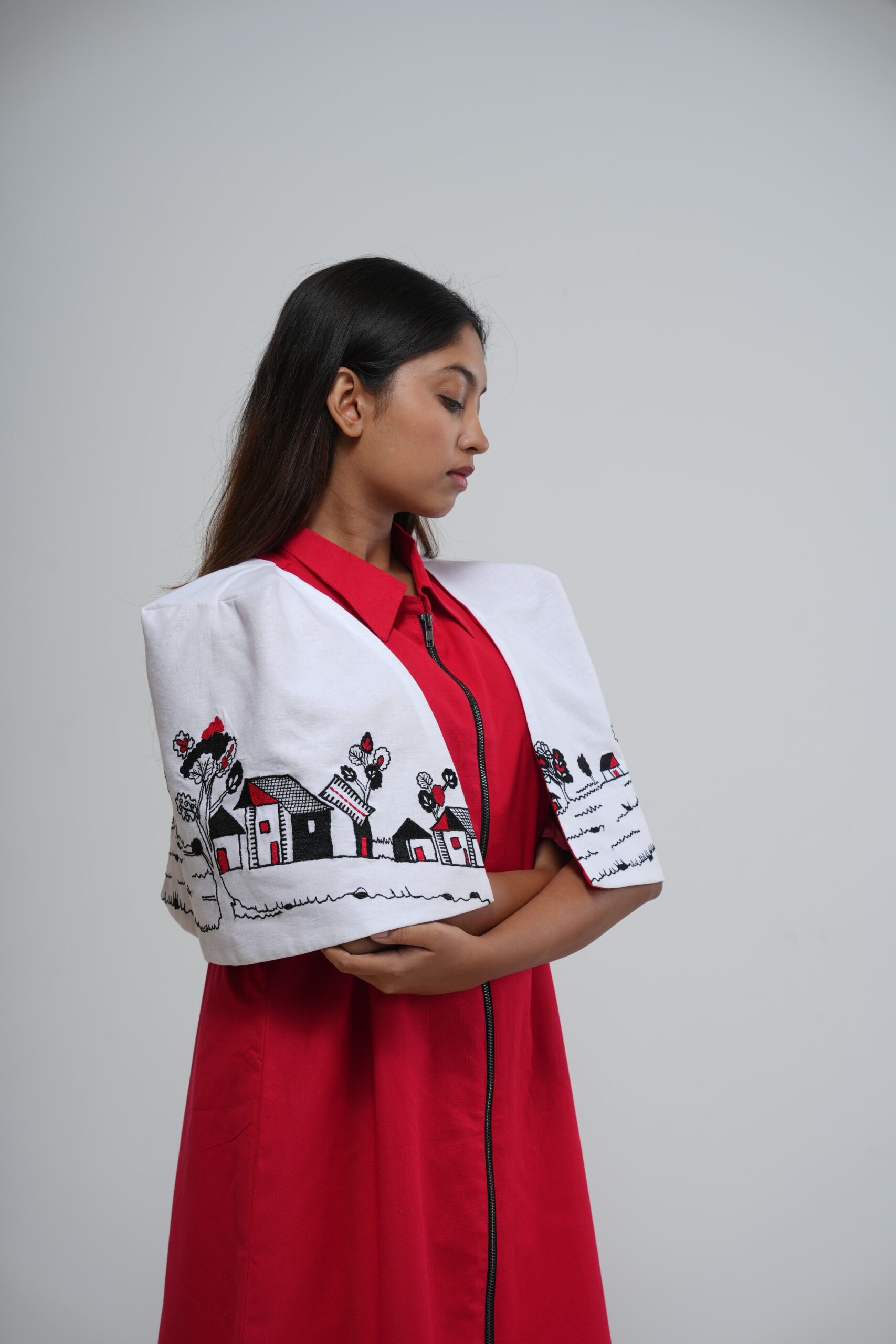 Scarlet Red Zipper Dress with Art Puffed Sleeves thumbnail