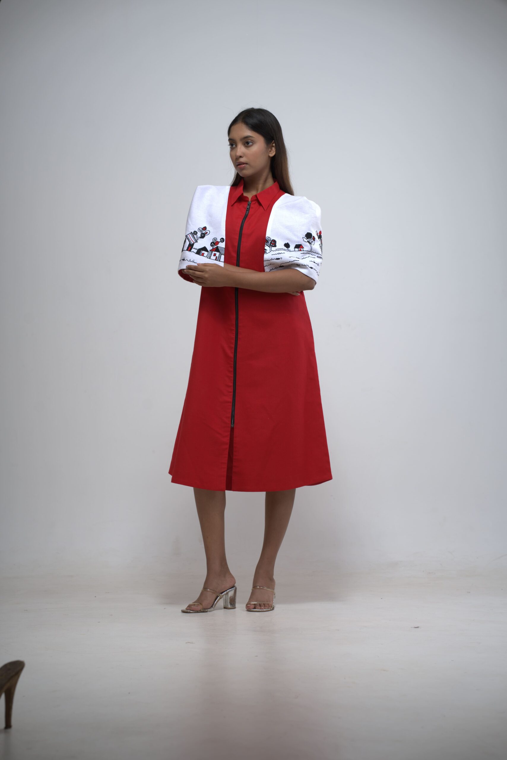 Scarlet Red Zipper Dress with Art Puffed Sleeves thumbnail
