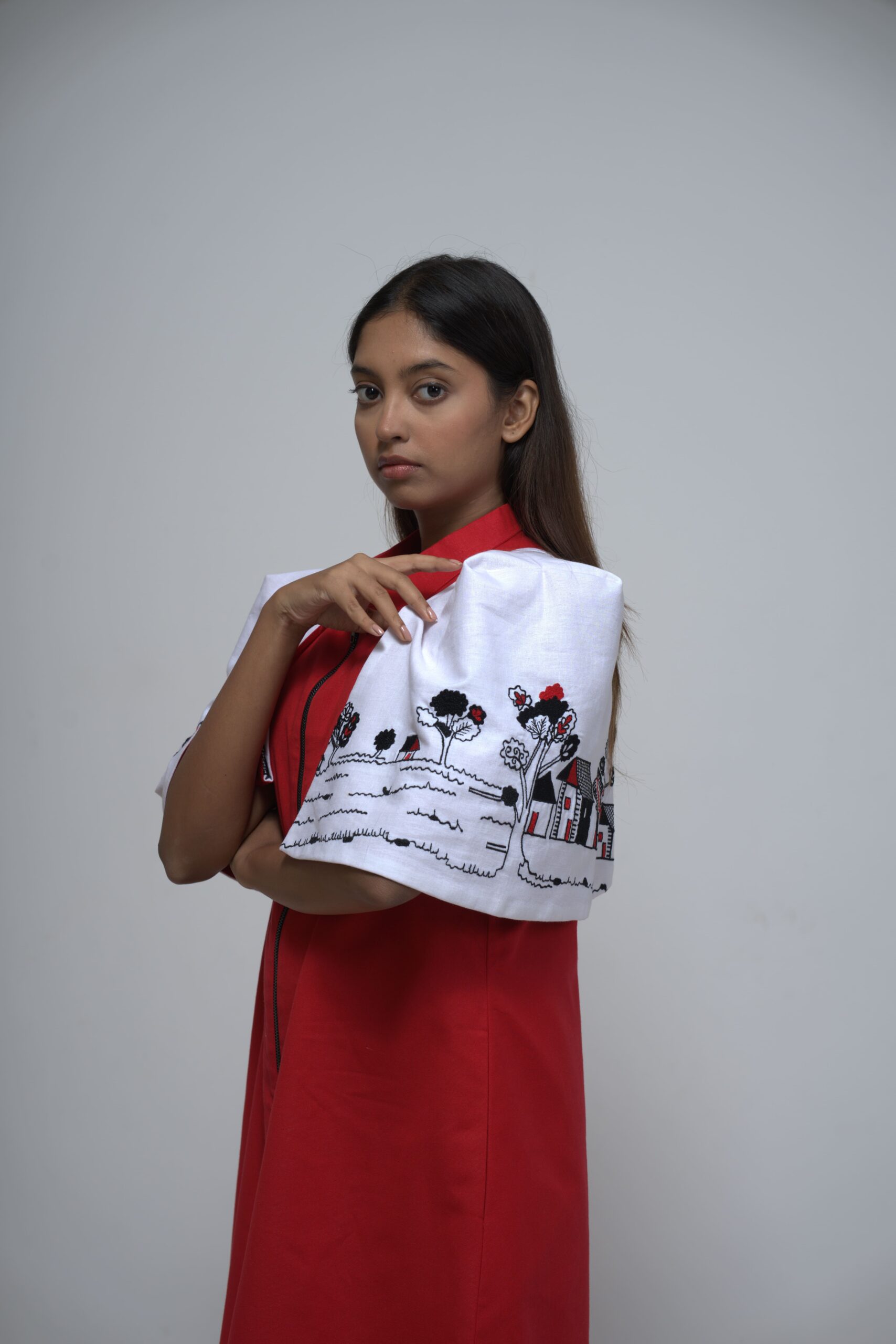 Scarlet Red Zipper Dress with Art Puffed Sleeves thumbnail