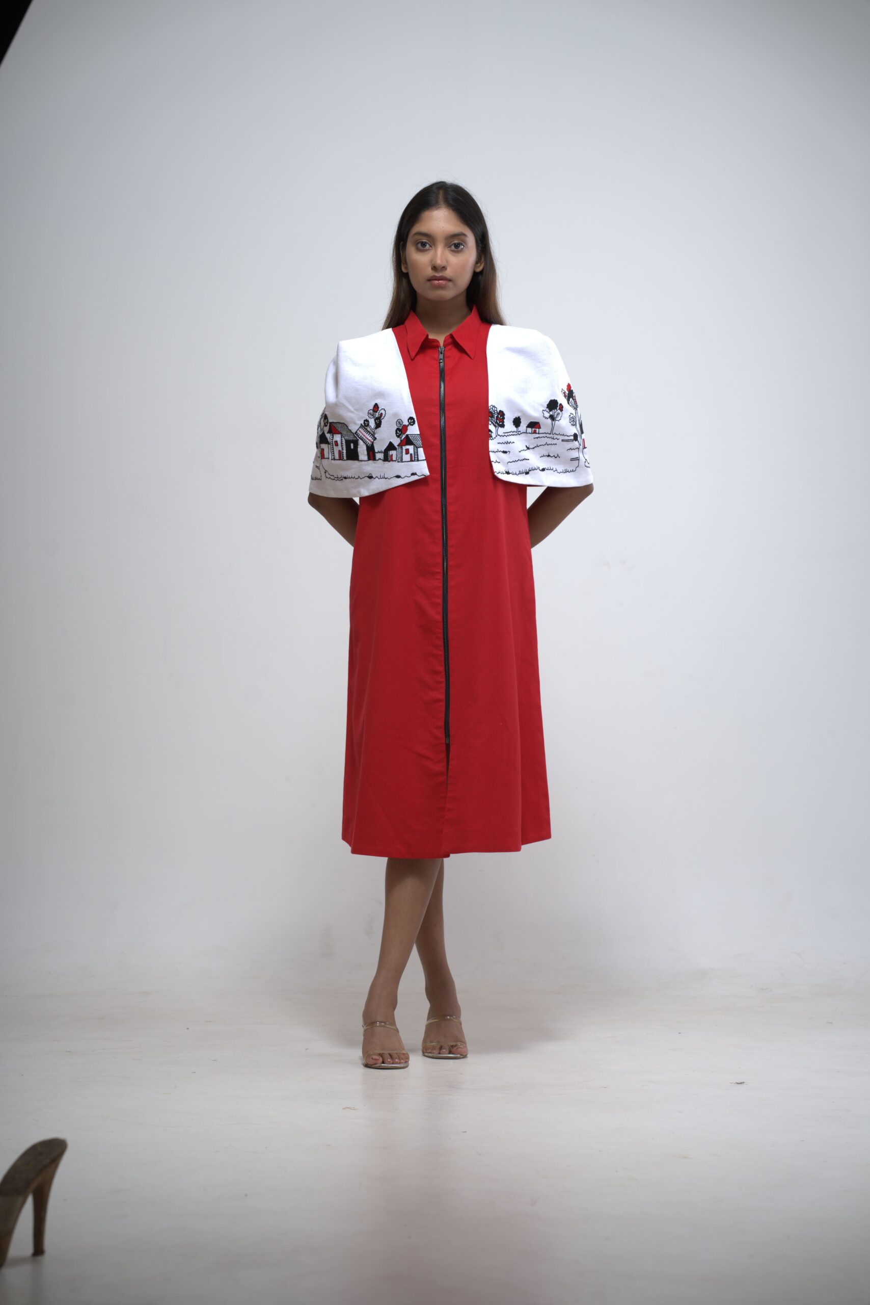 Scarlet Red Zipper Dress with Art Puffed Sleeves thumbnail