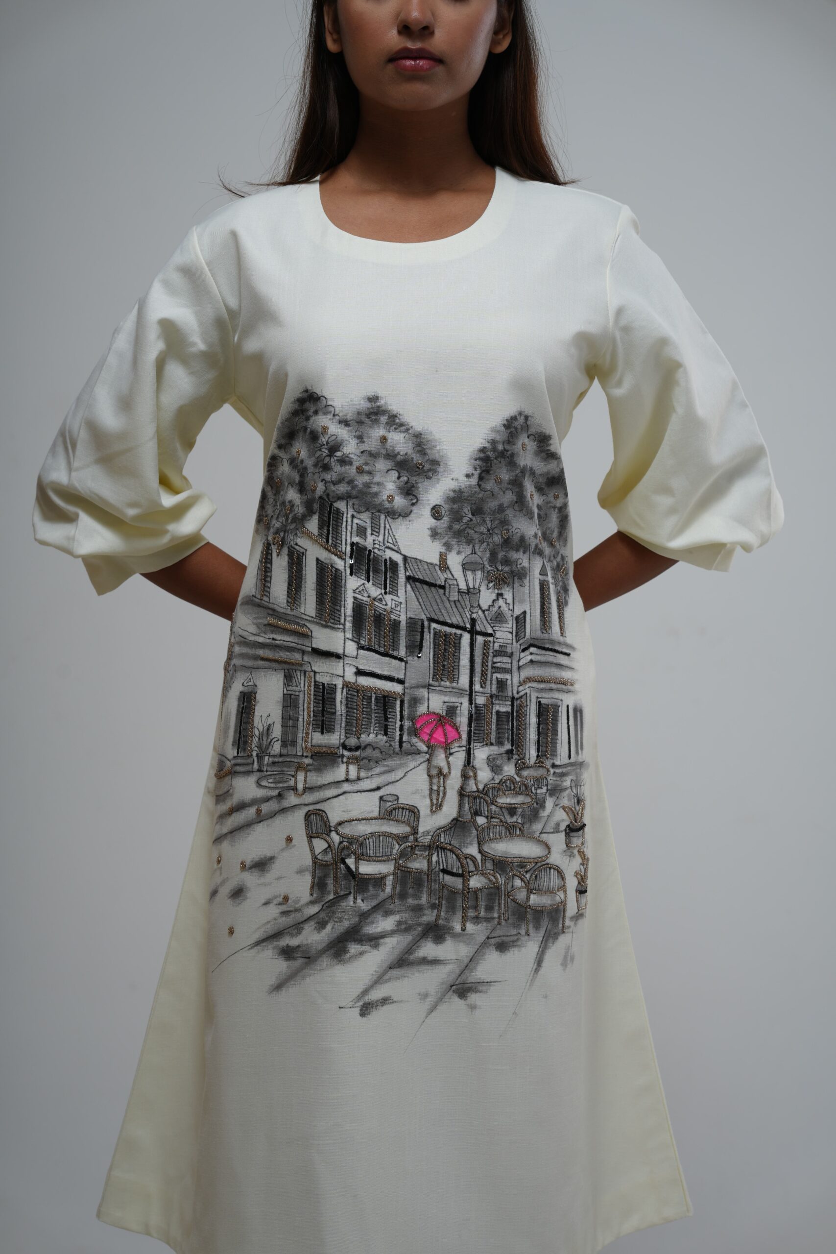 Ivory Hand-Painted Scenery Print Dress thumbnail