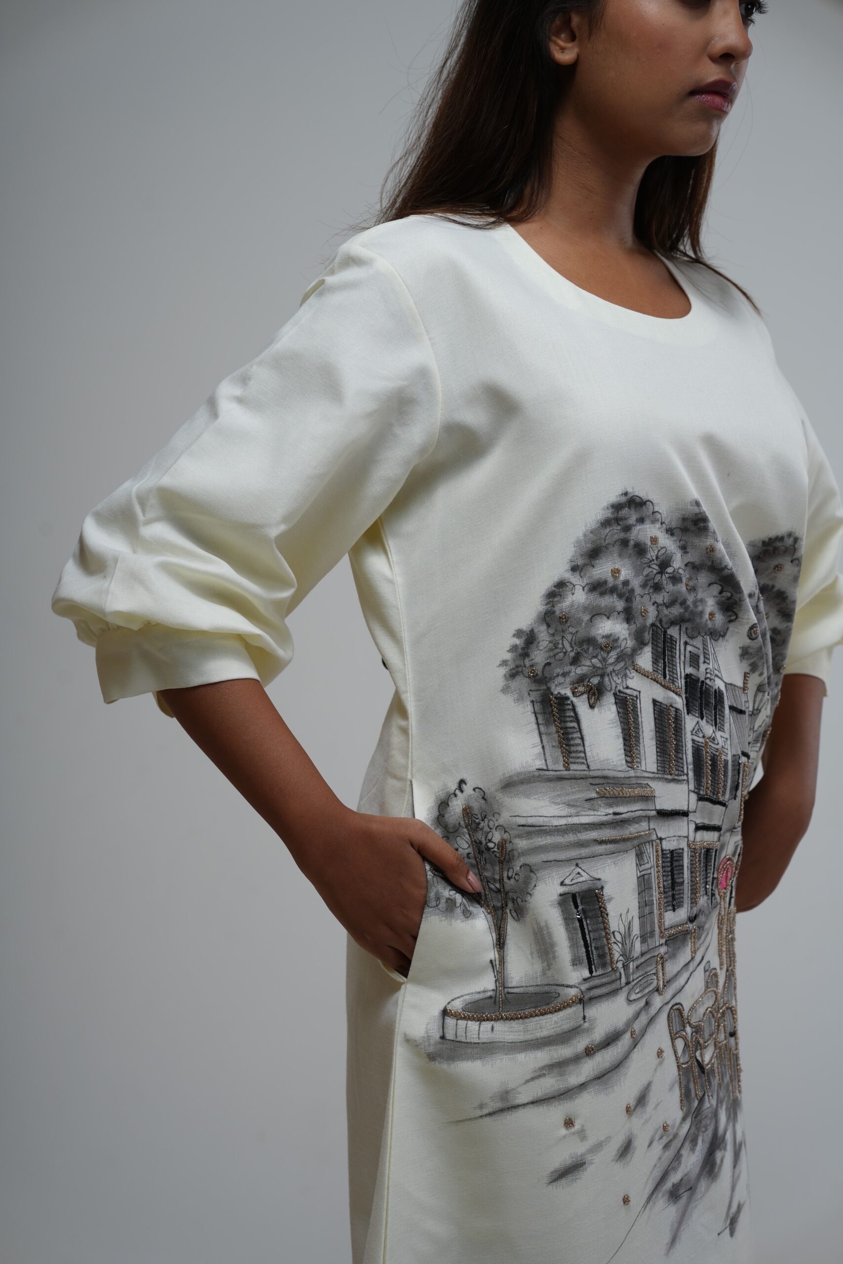Ivory Hand-Painted Scenery Print Dress thumbnail