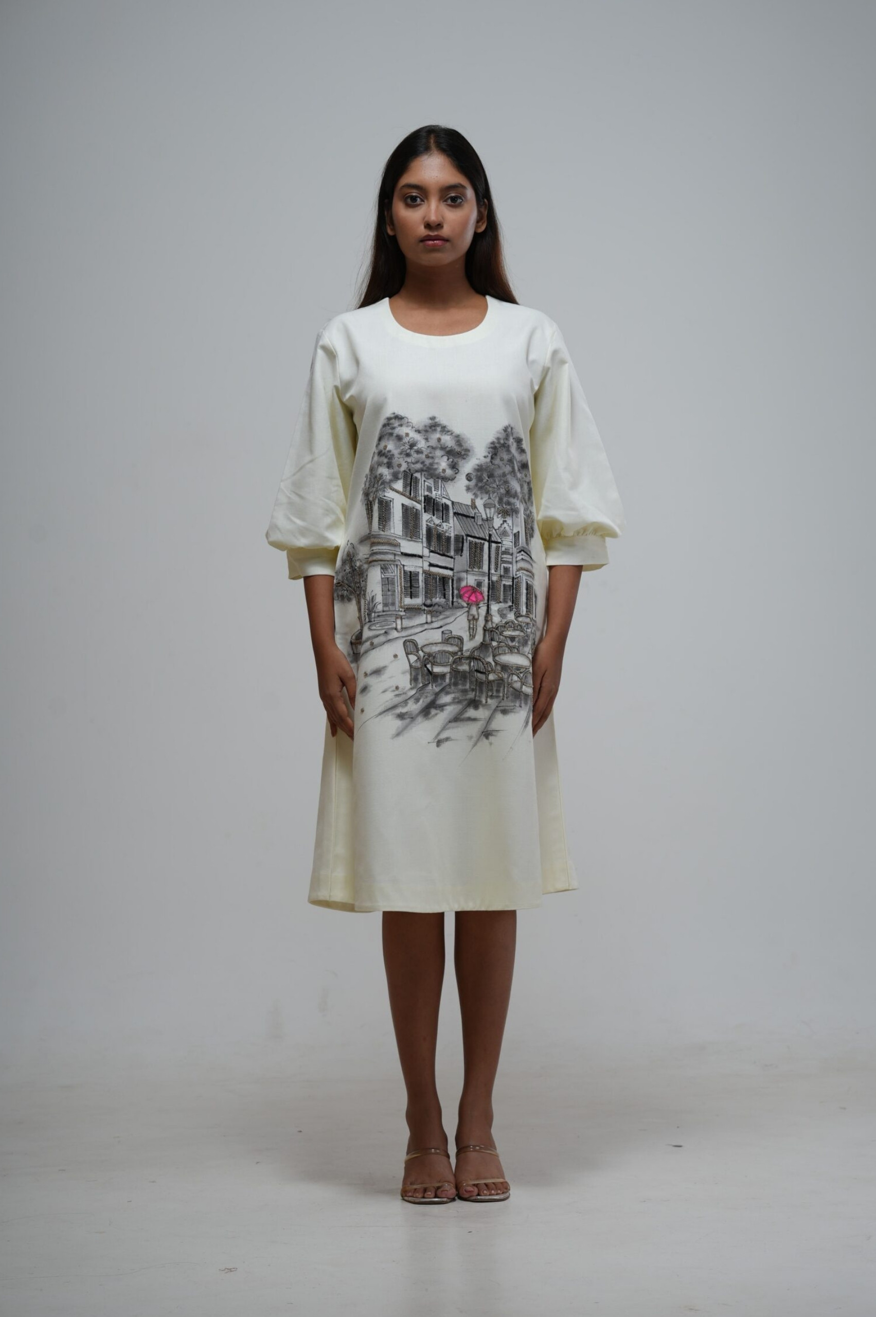 Ivory Hand-Painted Scenery Print Dress thumbnail