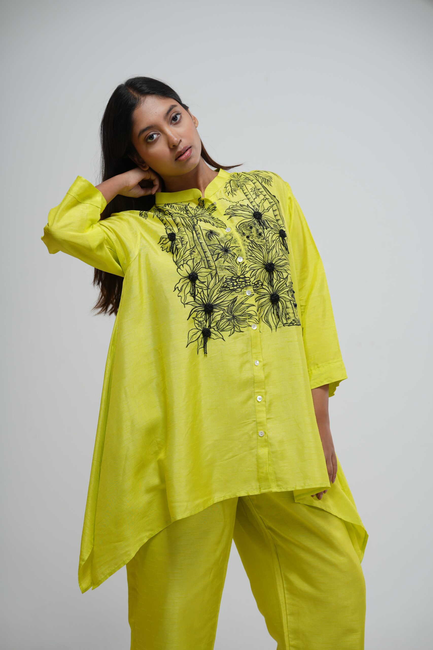 Slime Green Embroidered Asymmetric Kaftan thumbnail